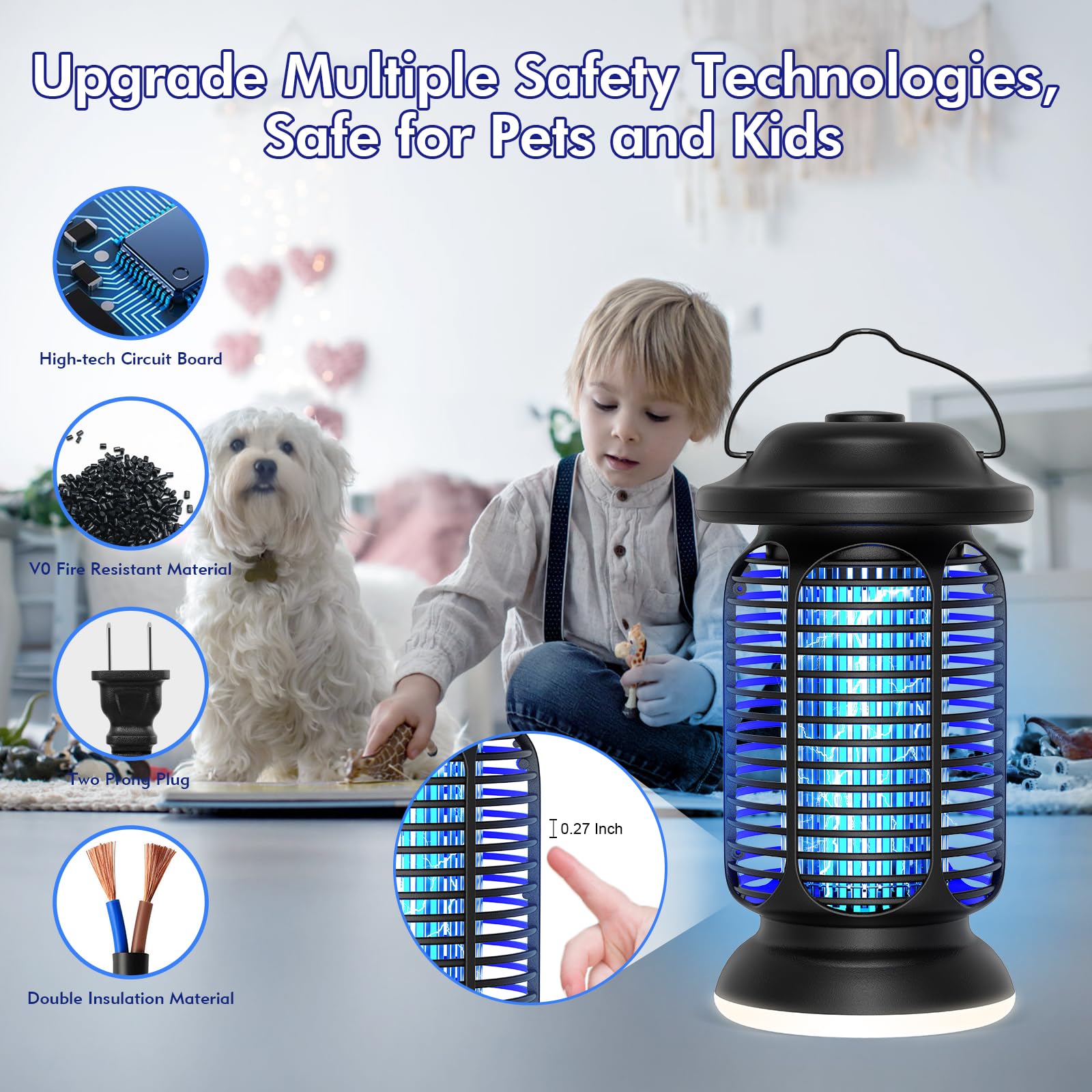 Bug Zapper Outdoor Indoor, Elektrischer Fliegenvernichter Wasserdicht mit 2W LED-Licht, 18W Leistung & 4000V Hochspannung, Abdeckungsbereich von 1/2-1 Acre, 1,7m Kabel, Steckbare Mückenfalle für