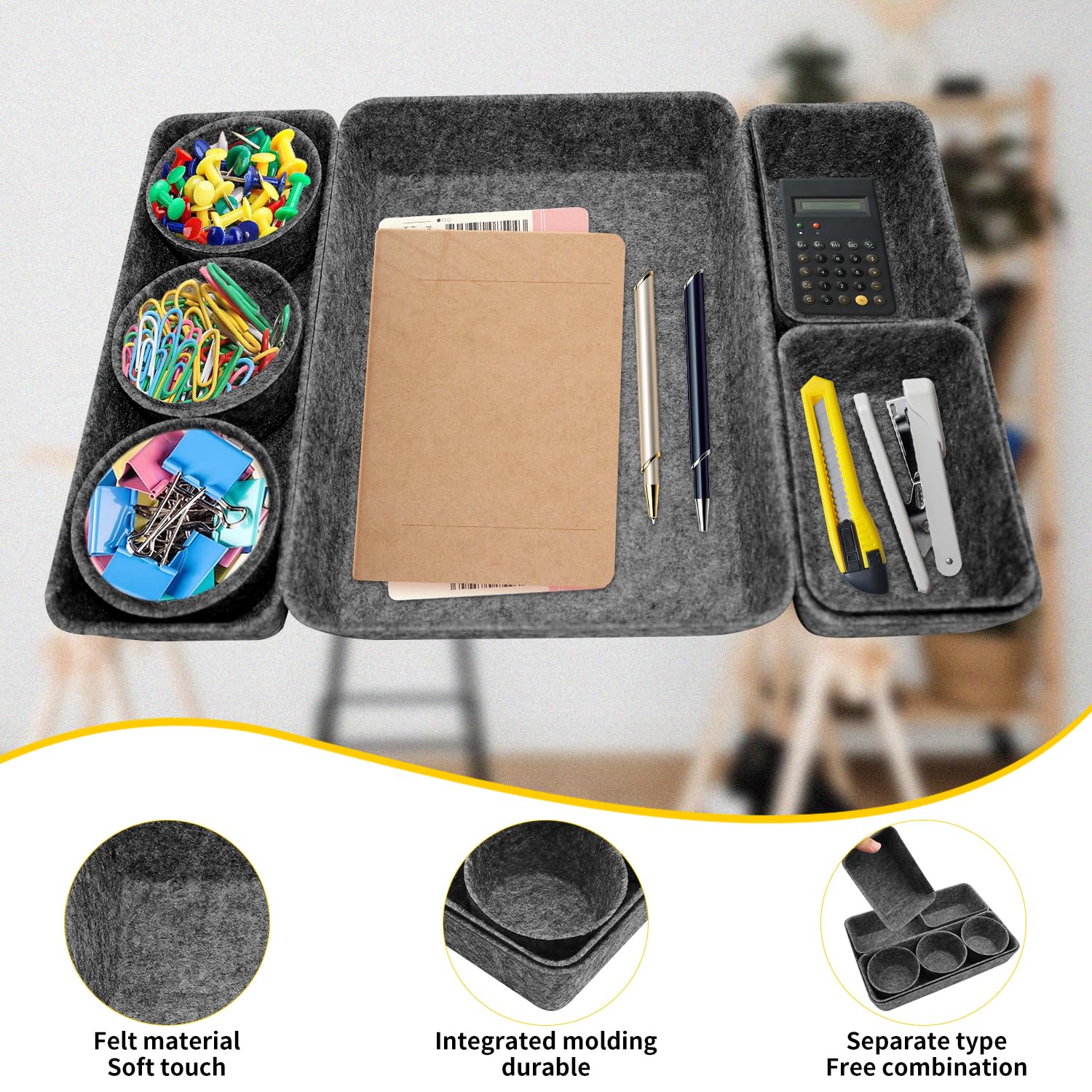 Set De 8 Boîtes De Rangement En Feutre Empilables - Organisateur Tiroir Gris Foncé Pour Bureau, Chambre, Cuisine