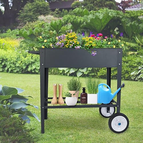 Carrito de cama de jardín elevado de metal con patas y ruedas más grandes, caja de maceta alta elevada con estante inferior para exteriores,