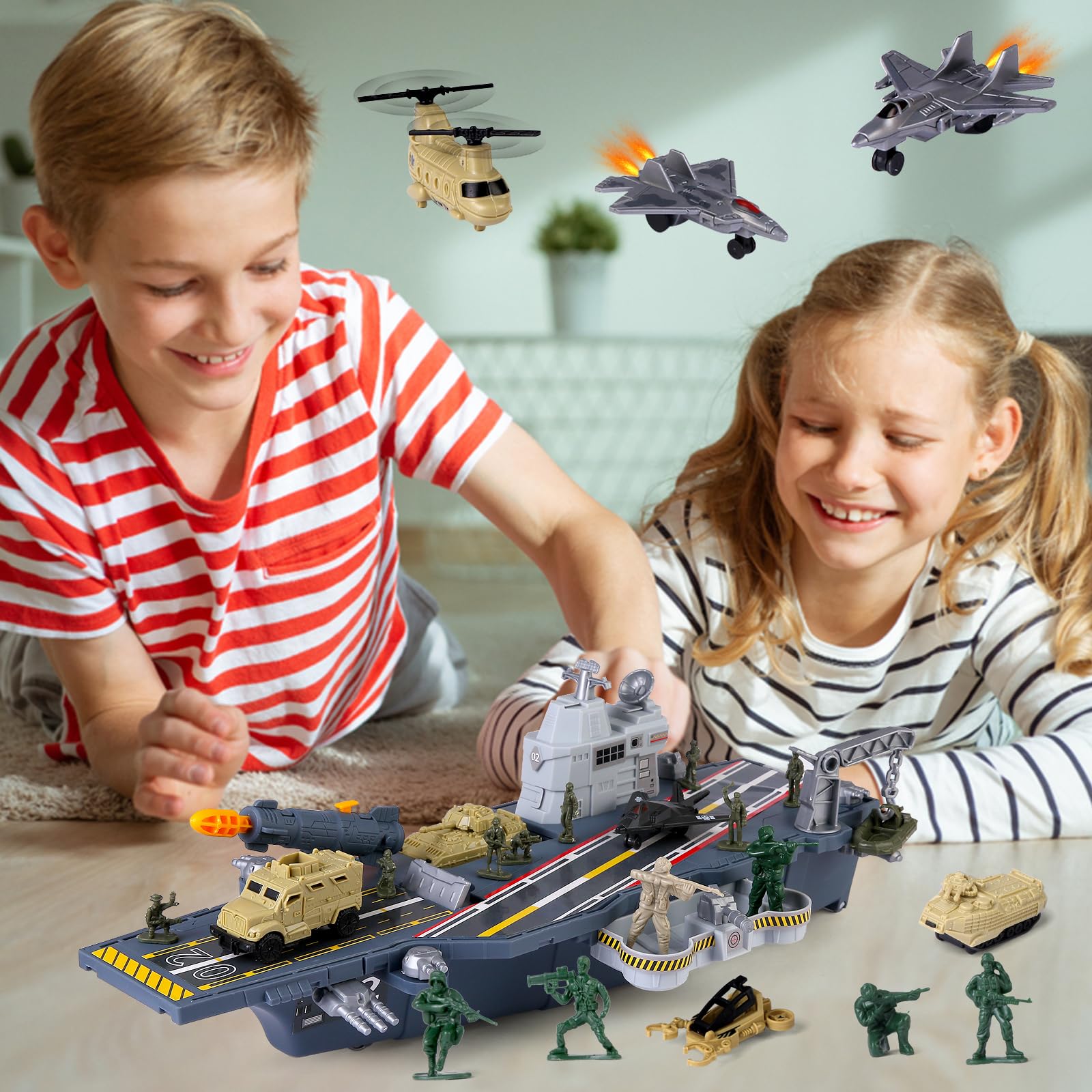 Flugzeugträger Modell Spielzeug Kriegsflugzeuge Kriegsschiffe Militärfahrzeuge Schlachtschiff Spiel Set, Armee Männer Figuren Spielzeug Militär Marineschiff mit Schlachtschiff Tank Kämpfer Jets Hubsch