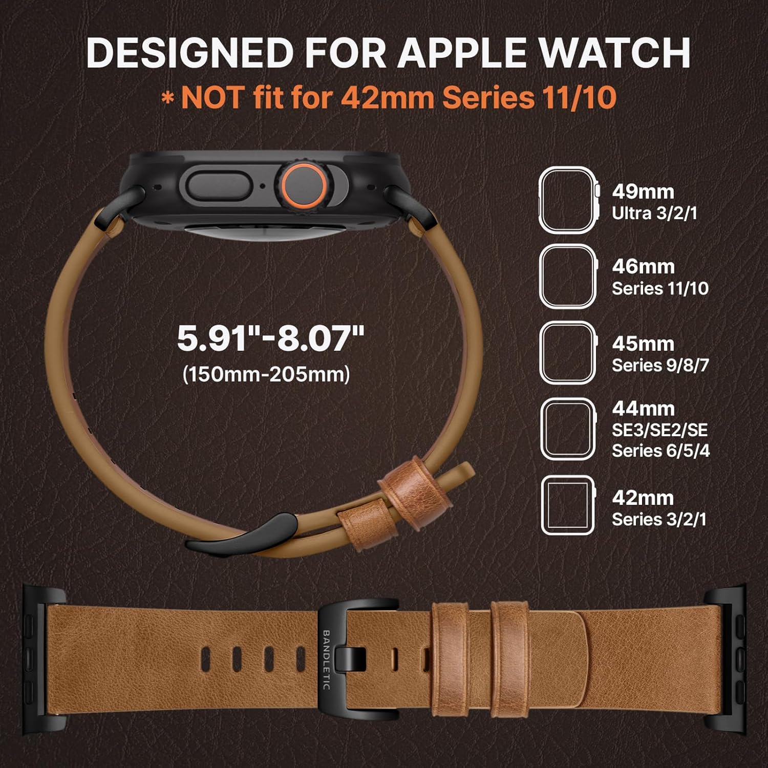 Bandletic Compatible with Apple Watch Series 11 Band for Men Women, Soft Genuine Leather Bands Replacement Strap for iWatch 49mm(Ultra 3/2/1),46mm(11/10),45mm(9/8/7),44mm(SE3/SE2/SE/6/5/4),42mm(3/2/1)