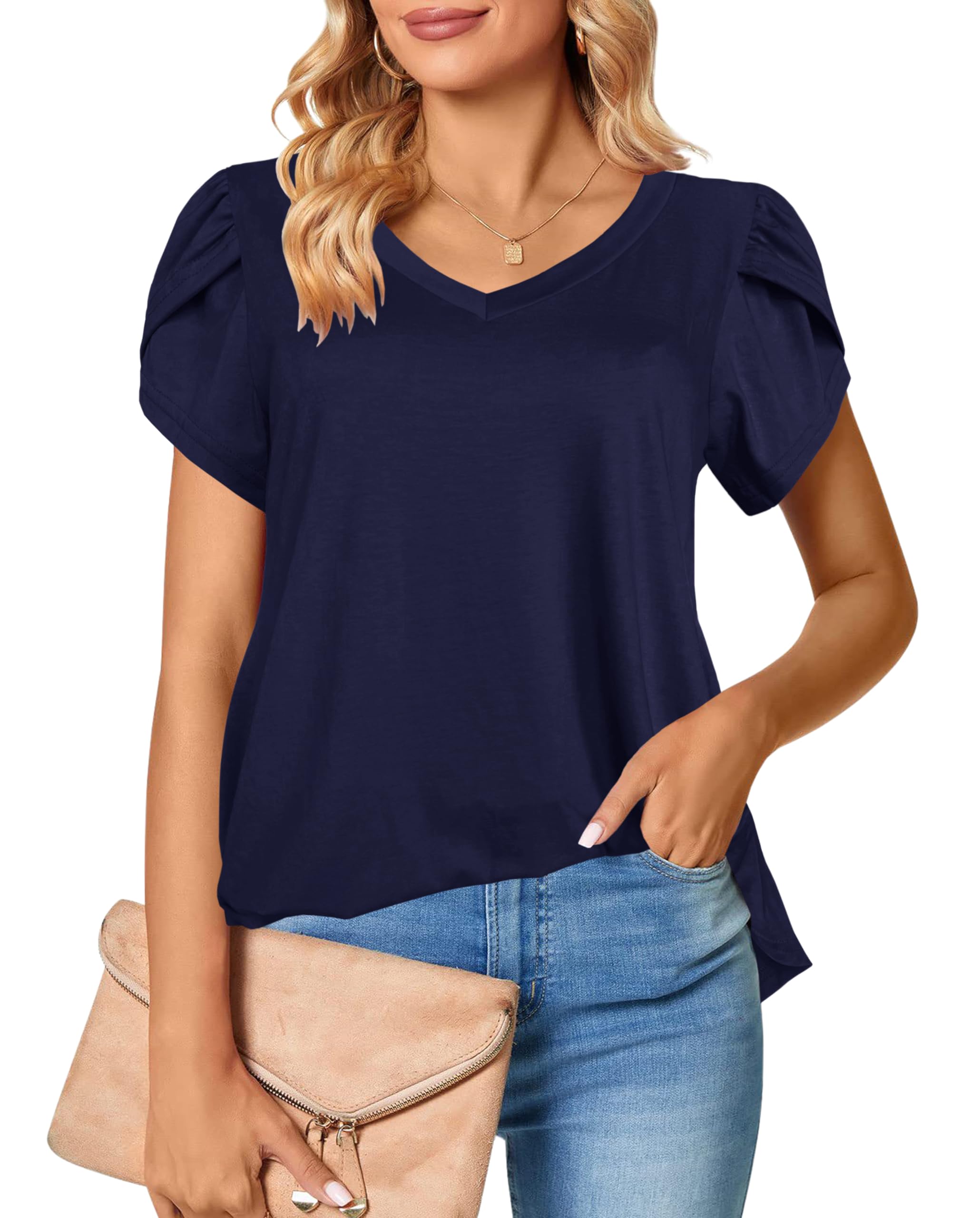 Afibi Womens Summer V Neck Loose Dressy Shirts Petal Short Sleeve Tunic Tops