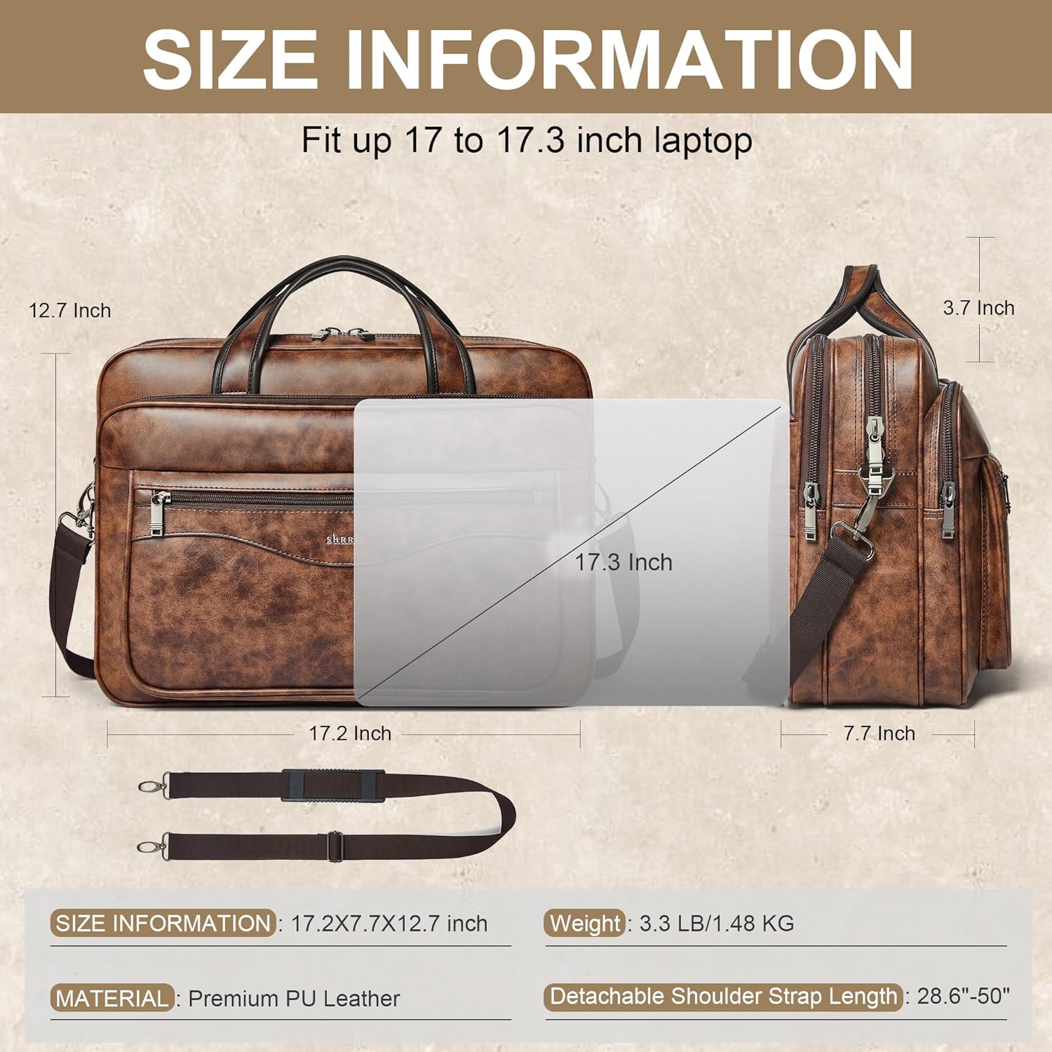 Shrrie Leather Laptop Bag Fits 17 to 17.3 Inch for Men and Women,Vintage Business Briefcase Laptop Messenger Work,Travel