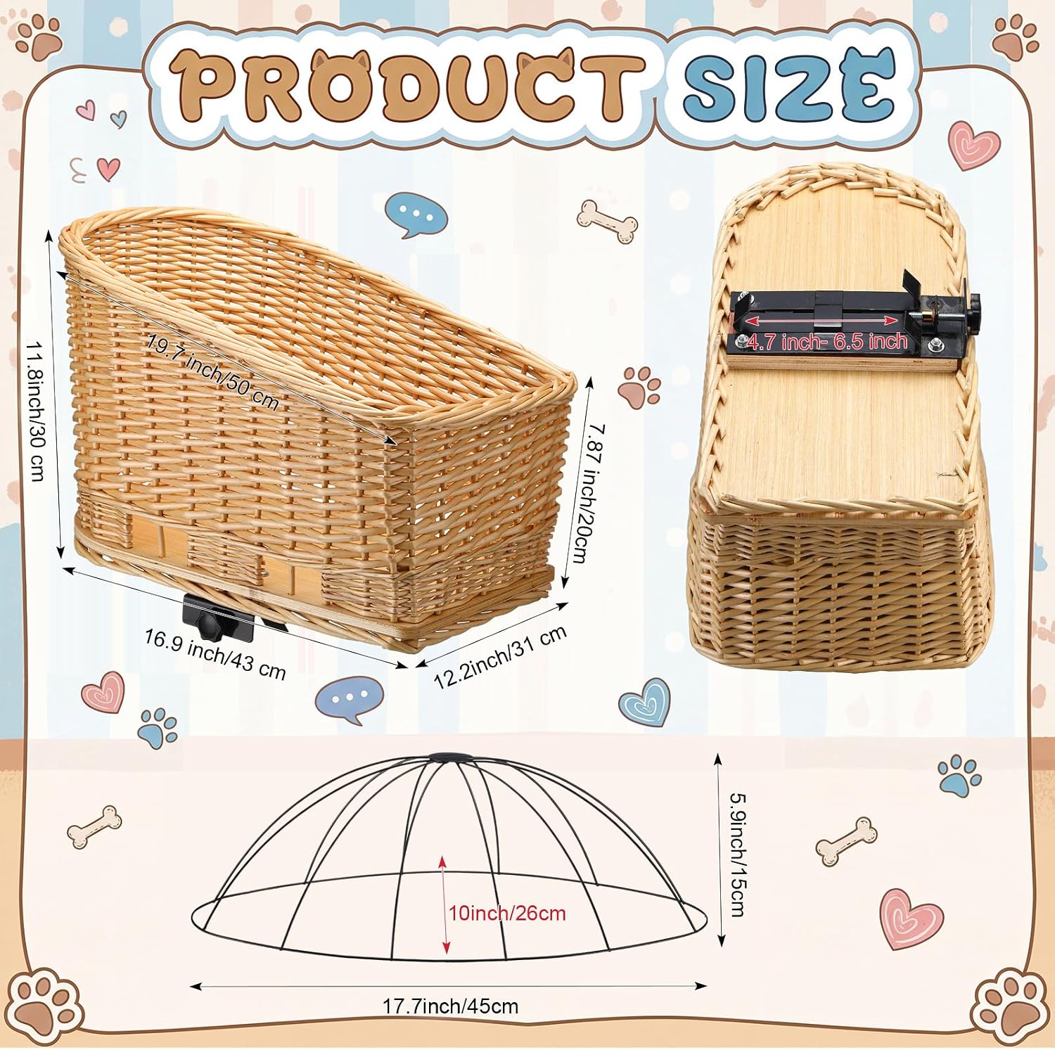Geetery Wicker Dog Bike Basket with Protective Grille Liner Natural Wicker Doggy Basket for Cats Dogs Pets for Secure Bicycle Rear Luggage Rack