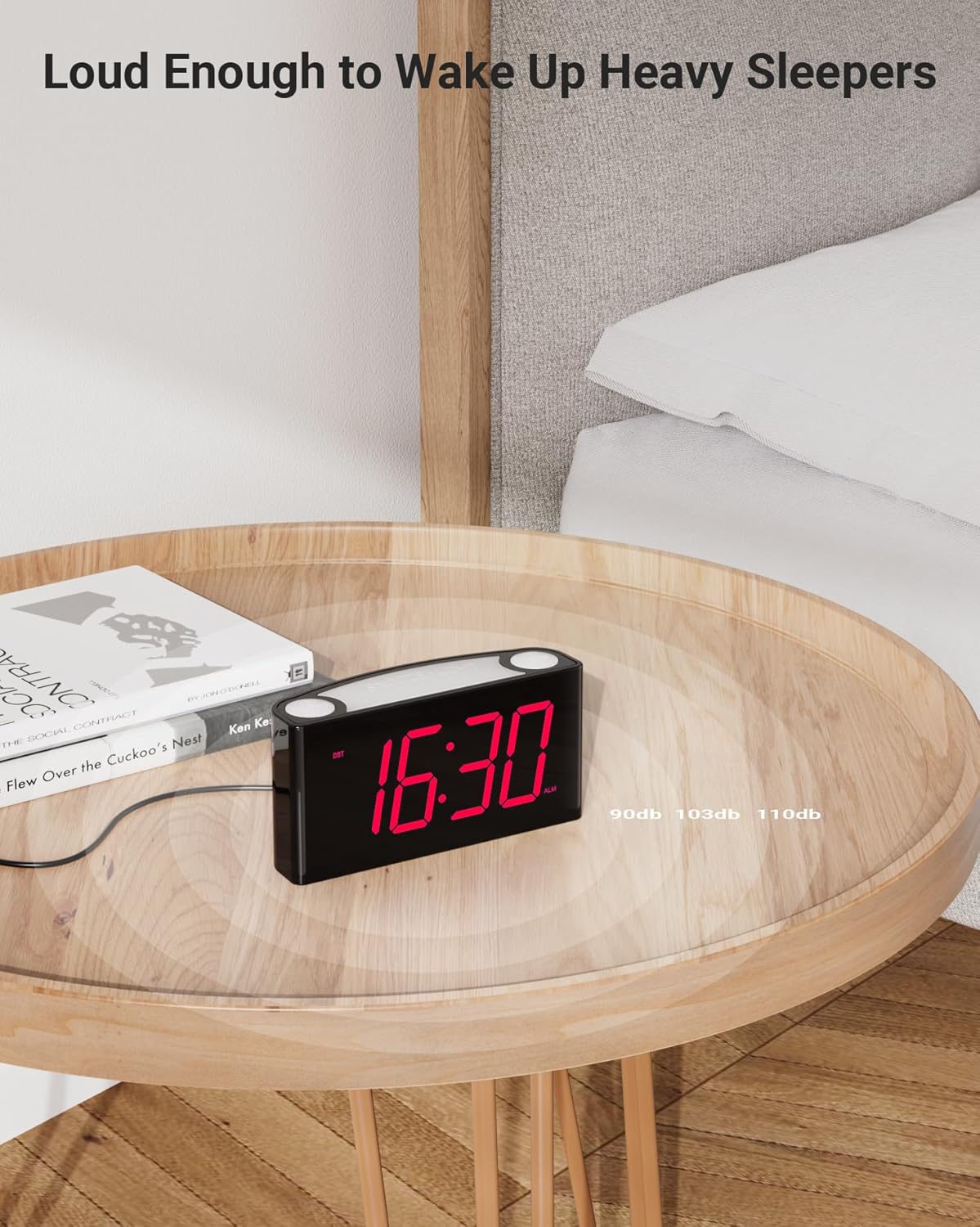 ROCAM Digital Alarm Clock with a smartphone and earbuds charging via its USB ports