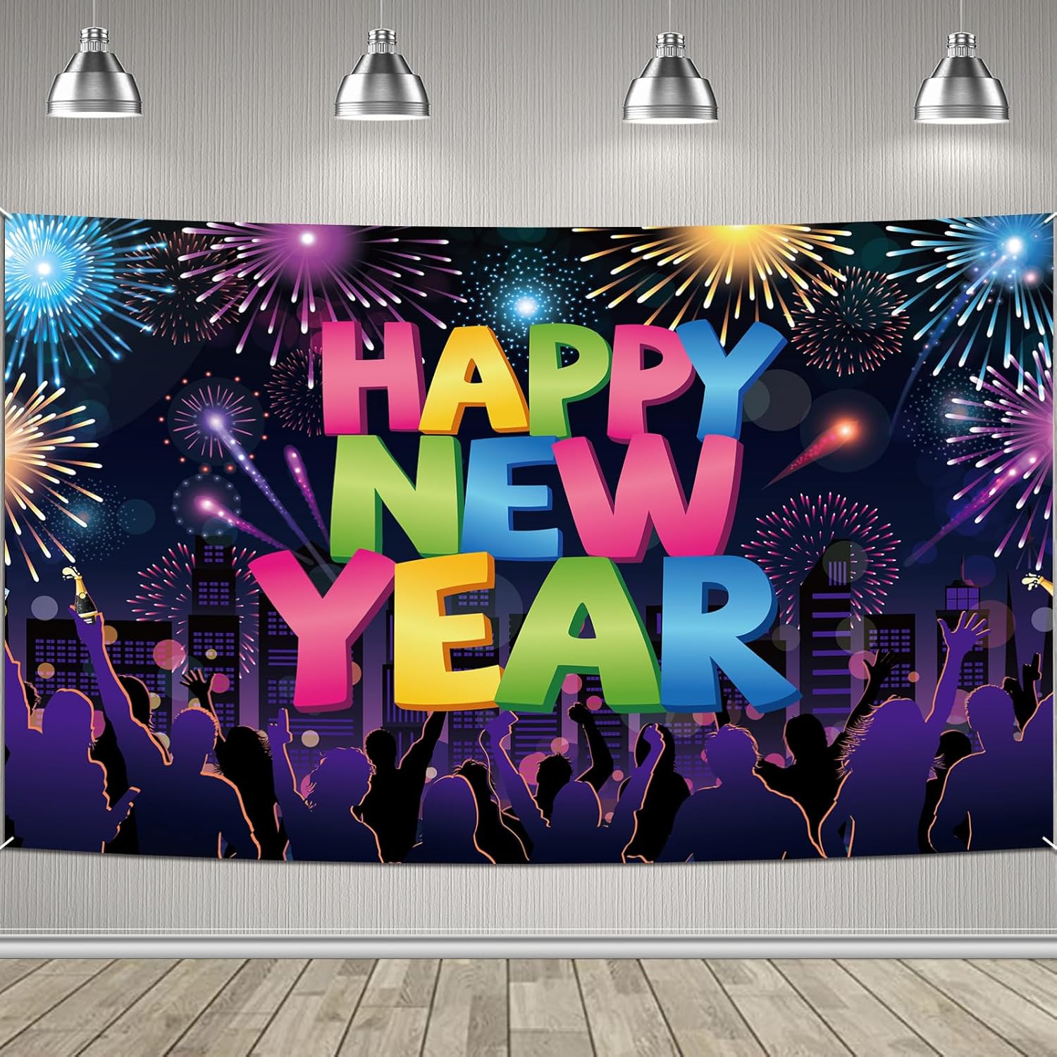 HOWAF Neon Happy New Year Banner for 2026 New Years Eve‘s Supplies, Bright Color New Year Backdrop Banner for 2026 NYE Decoration, New Years Party Banner, Large Fabric