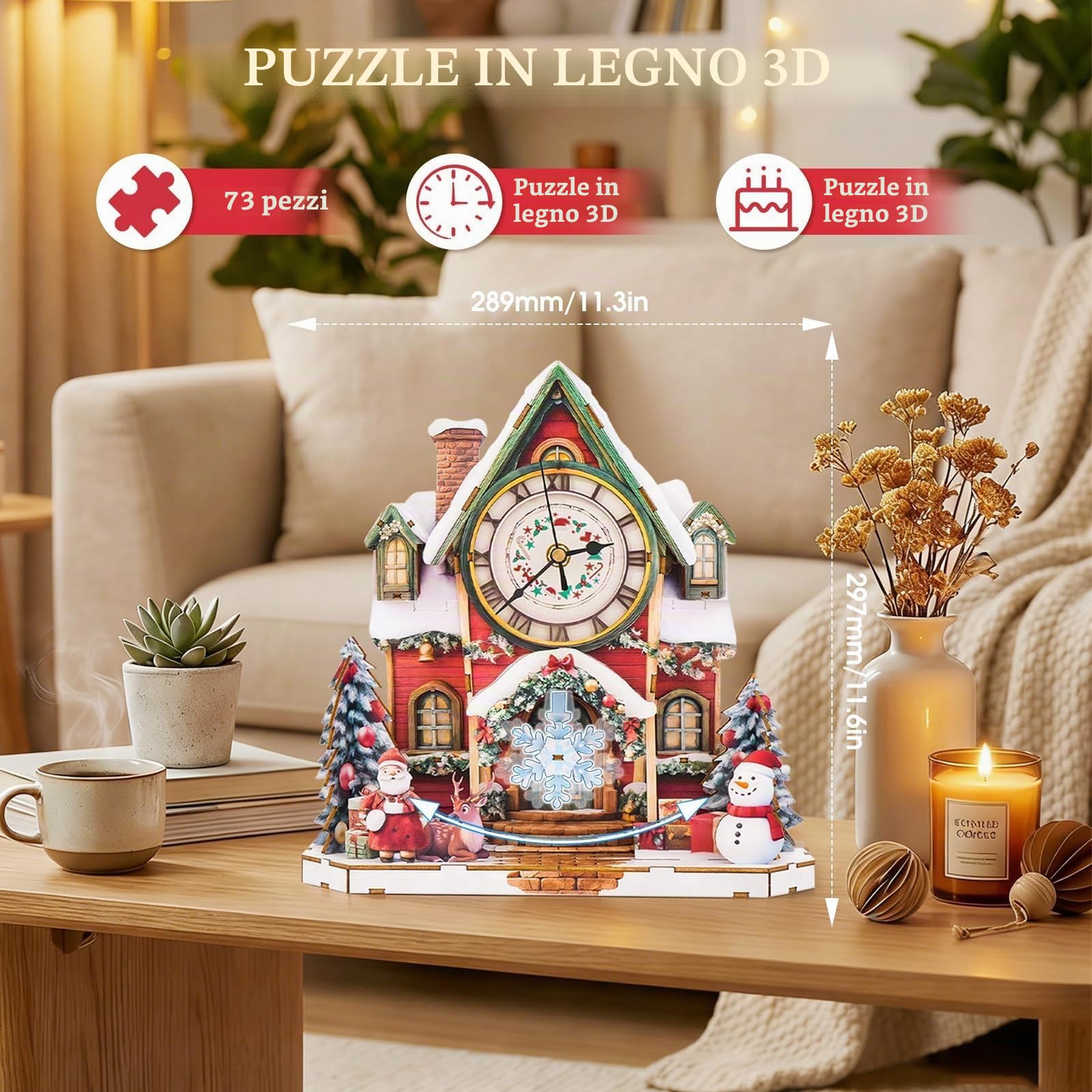 Orologio puzzle 3D a forma di casa di Natale, kit modello in legno per adulti, orologio da parete a pendolo con movimento silenzioso, decorazione natalizia per la casa e regalo per gli