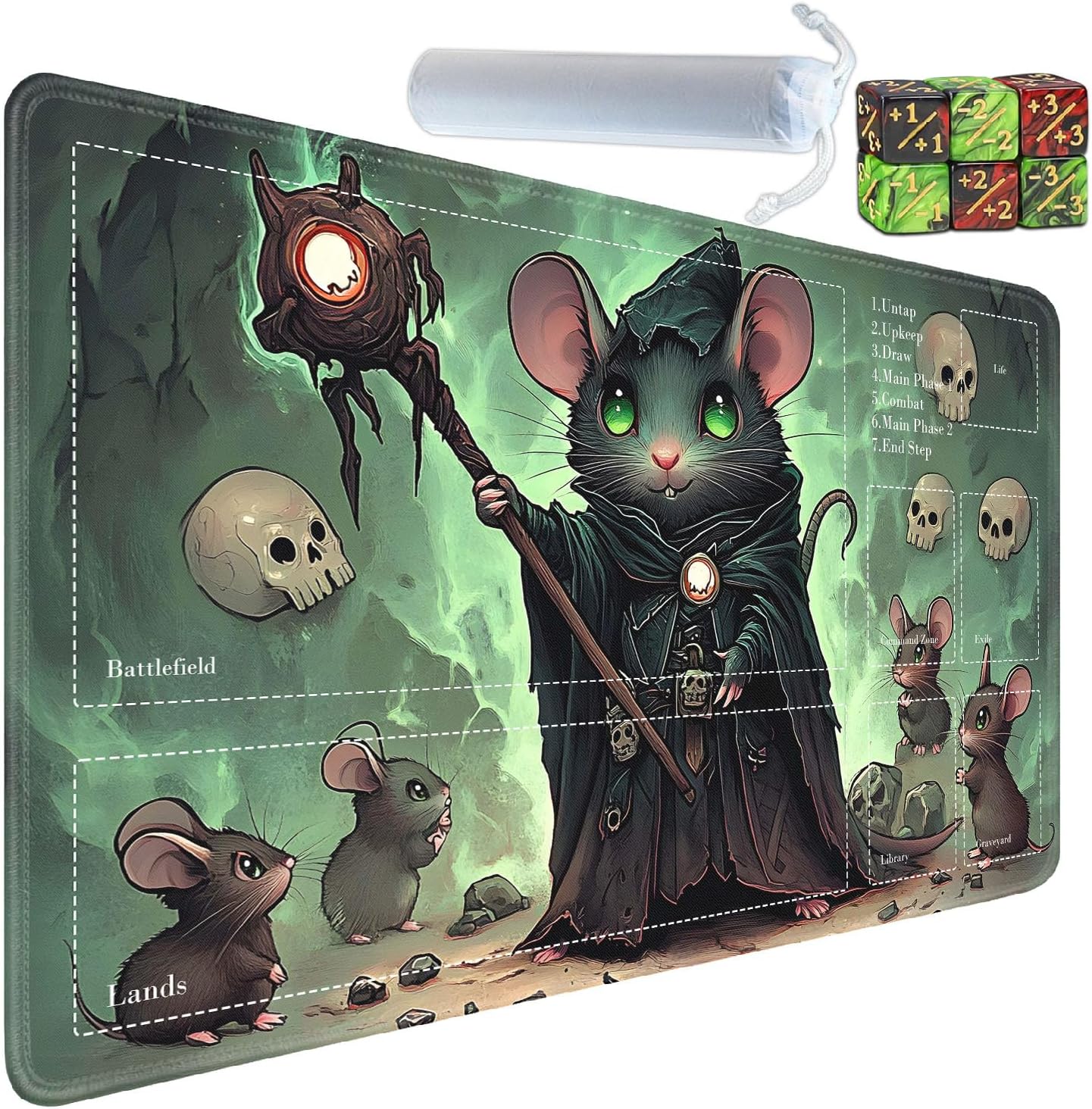 for MTG Card Playmat with Zones-Includes A Storage Bag and 6 Dice, 24 x 14 inches for TCG Playmat with Non-Slip Rubber, Game Mat, Rat Wizard