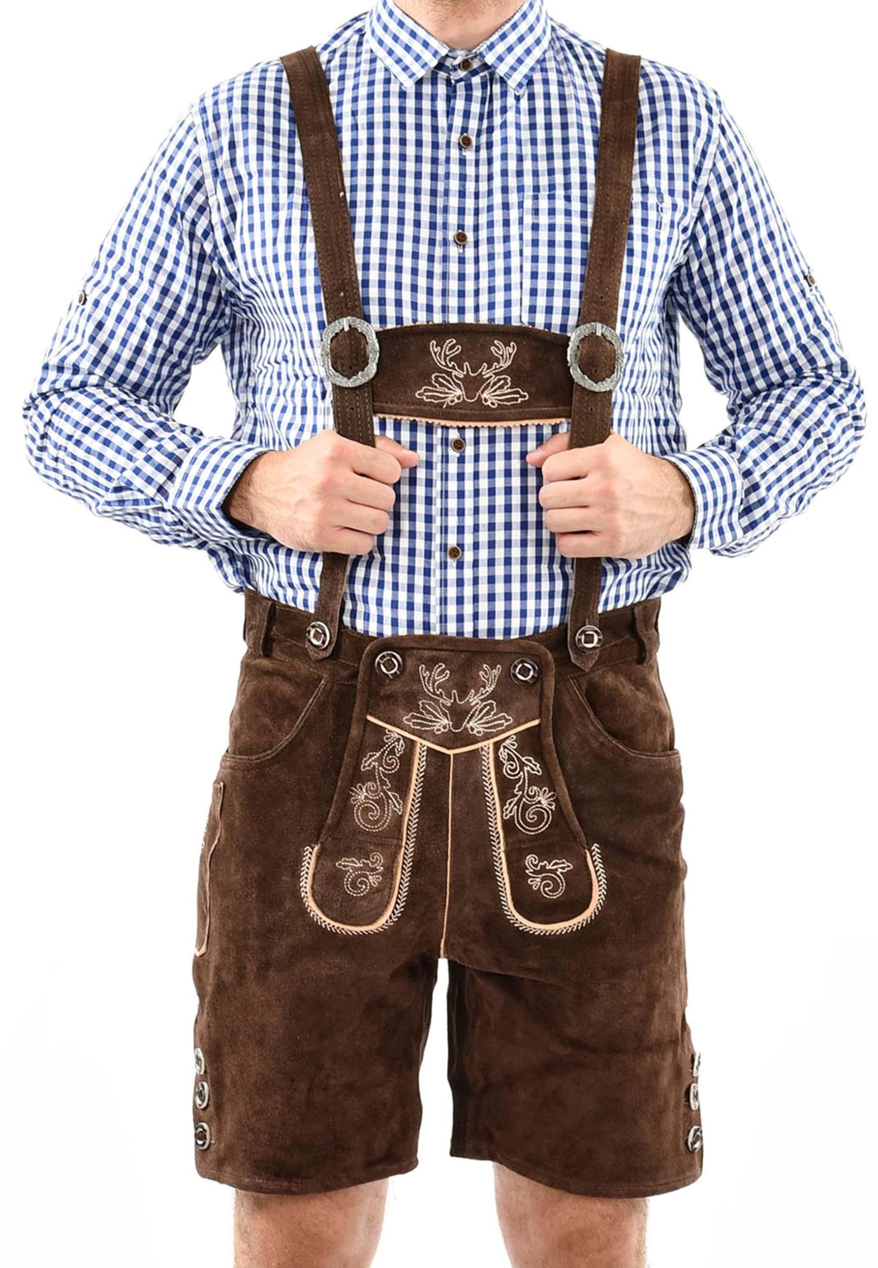 ALESSANDRO SALVARINI Herren Lederhose Tracht (Gr. 46-60) mit Träger - 100% Echtleder, Trachtenlederhose Kurz Oktoberfest Männer - AS-180