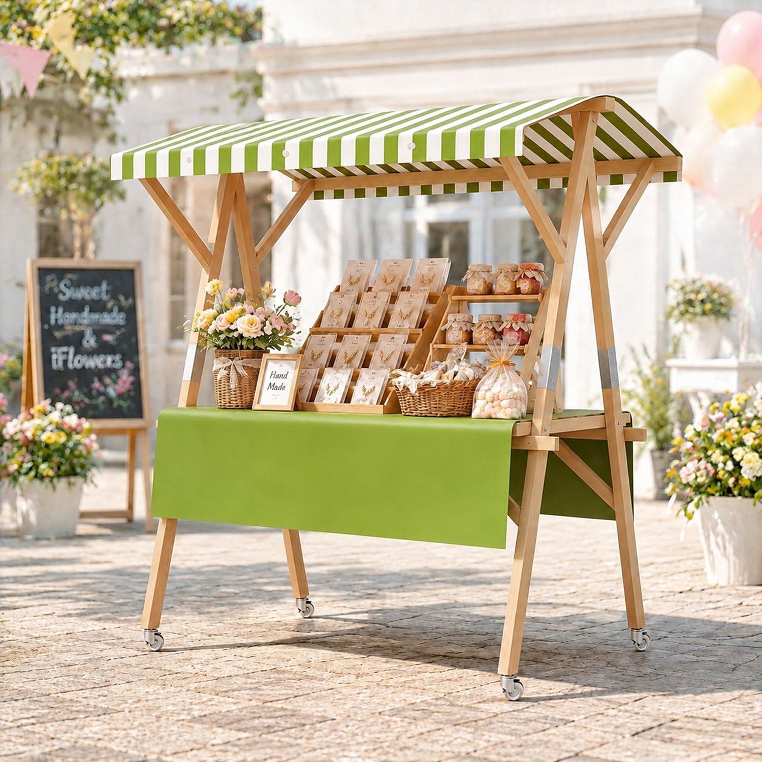 COAKUE Portable Foldable Wooden Farmers Market Stand on Wheels with Awning, Outdoor Vendor Cart Roadside Farm Stand for Roadside Vending, Markets & Craft Fairs GreenA-120cm/47.2in