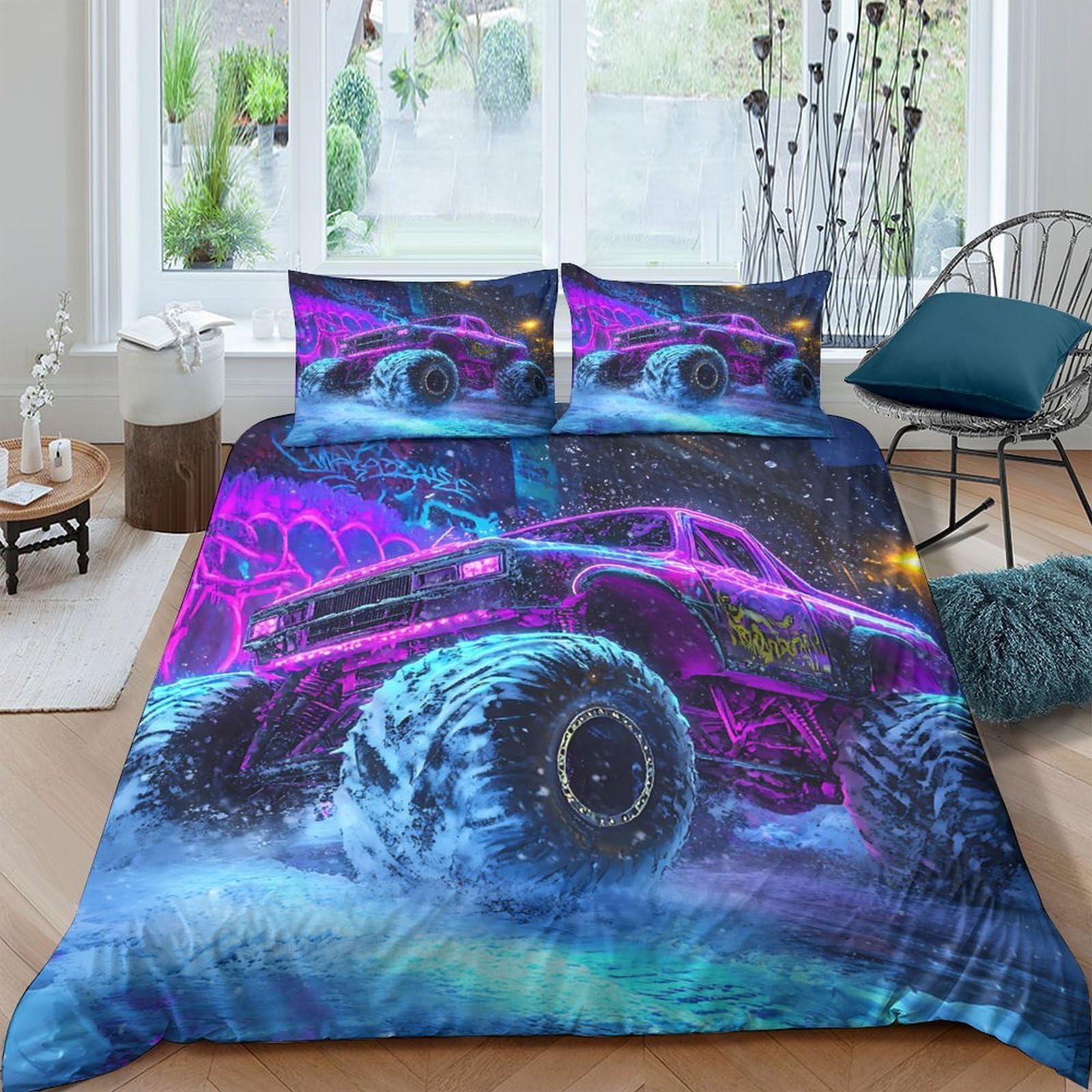 Ctjqhvkz Style-4 3D Printed Neon Monster Truck Fitted Sheet Microfiber Soft Blue Purple Graffiti Bed Cover For Bedroom Decor Single（135X200cm）