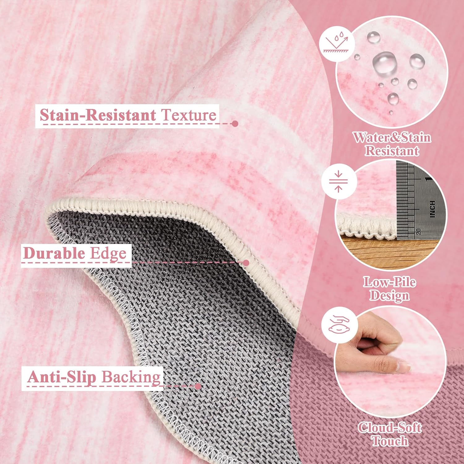 2x6 Bathroom Runner Rug Machine Washable Area Rugs for Entryway Modern Solid Color Scalloped Floor Cover with Non Slip Backing, Non Shedding Low Pile Accent Mats for Kitchen Bedroom, Pink