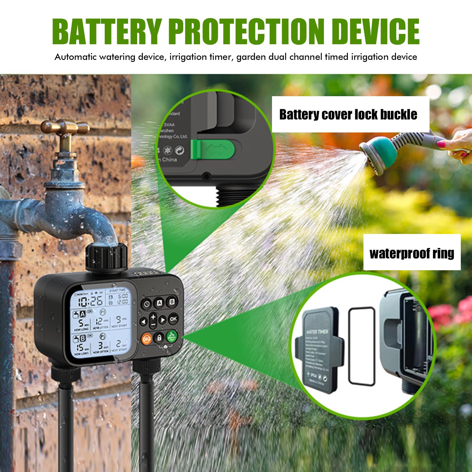 Programmateur Arrosage Étanche IP54 2 Sorties, Minuteur Arrosage Automatique avec Retard de Pluie et Grand Écran LCD
