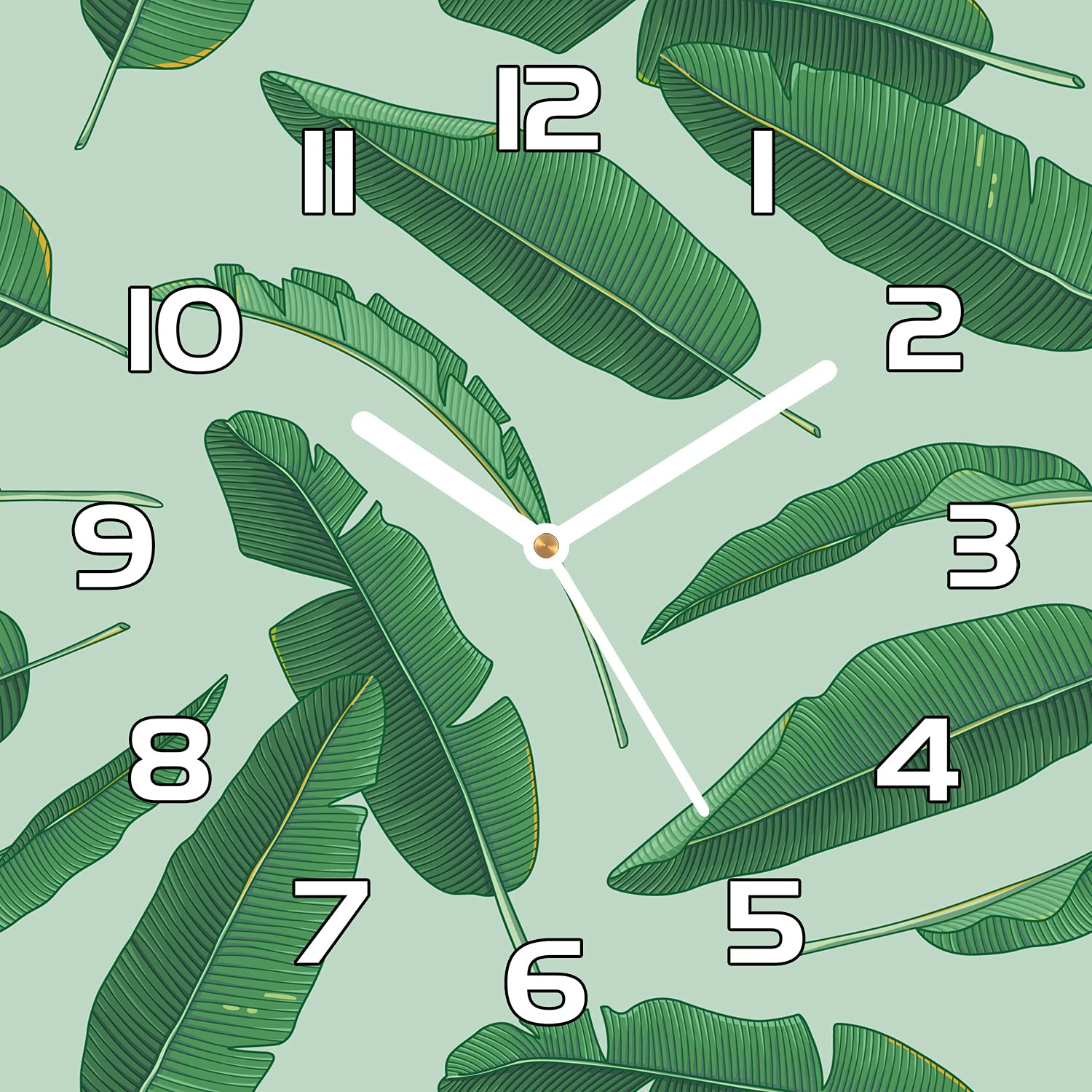 Horloge en Verre Murale Cuisine Salon 30x30 cm Feuilles De Banane