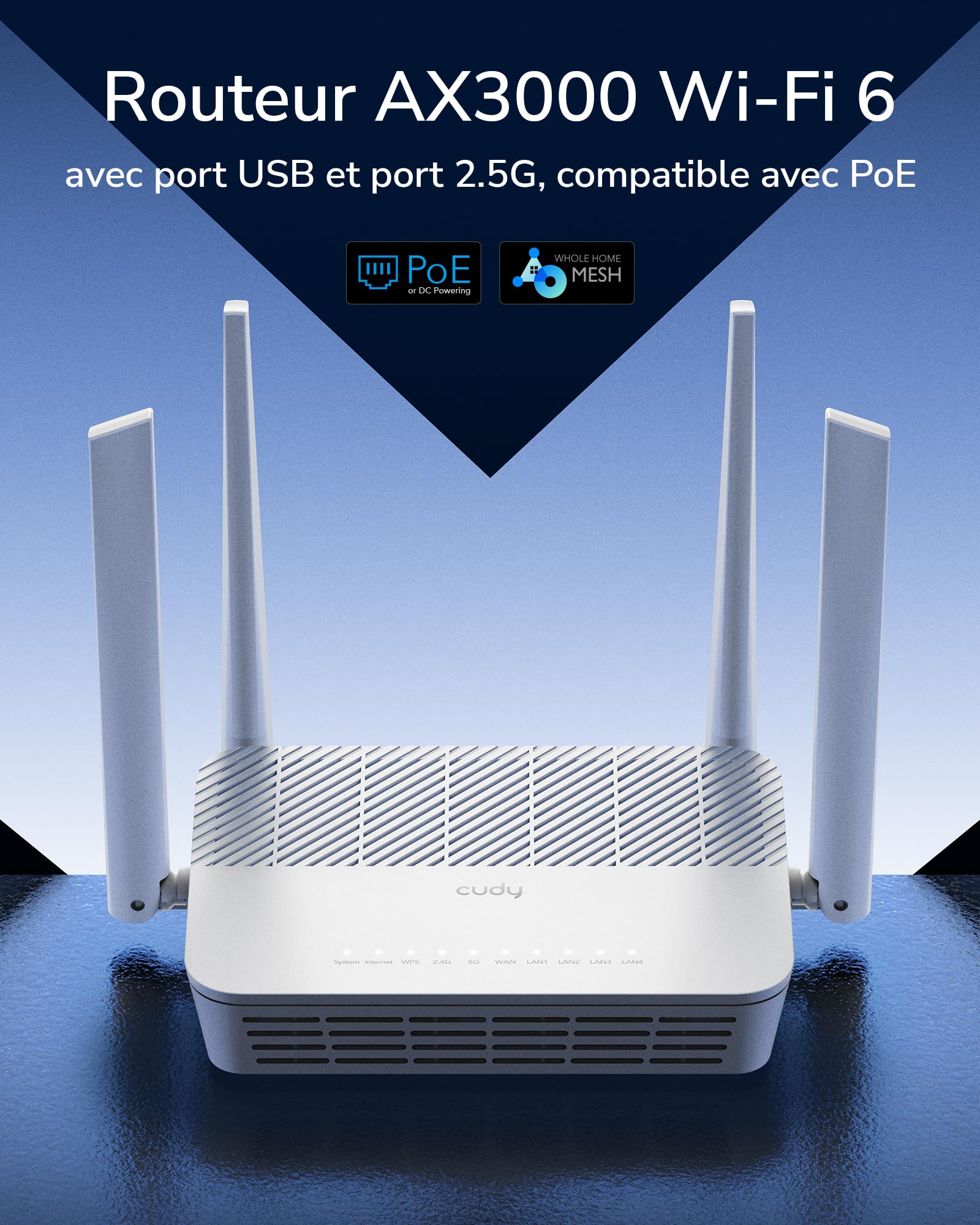 Cudy Routeur AX3000 WiFi 6 2,5G alimenté par PoE avec Port USB, routeur VPN Double Bande, MU-MIMO, WireGuard, Compatible Cudy Mesh, contrôle Via Application, WR3000P