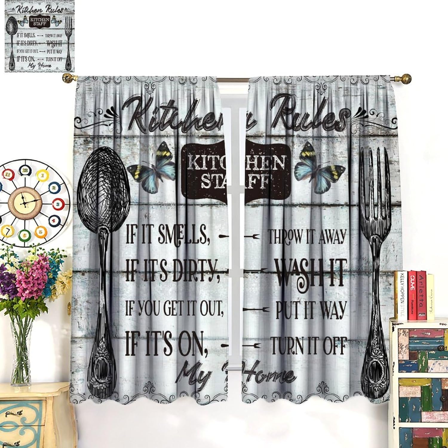 Rustic Kitchen Curtains,Farmhouse Country Fork Spoon Wodern Plank Board Cook Theme Country Cottage Pattern Print Window Drapes for Kitchen Bedroom Living Room Decor,2 Panel Set,72x63 Inch Blackout