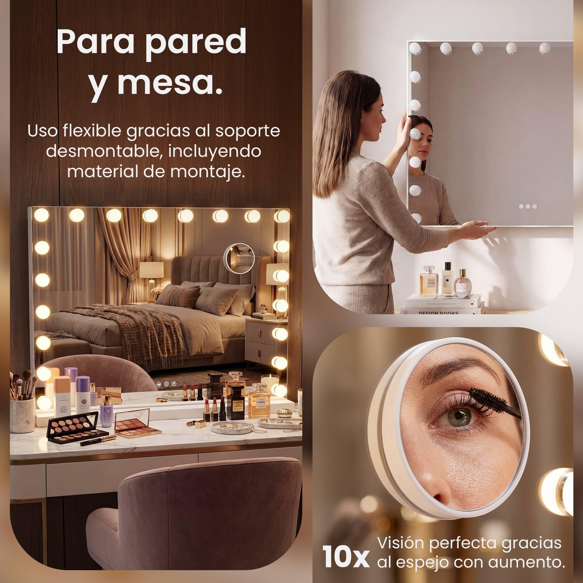 CLP Espejo de Maquillaje con Iluminación 80x60 cm Norlina, Altavoz Bluetooth, USB, Estilo Hollywood, Montaje en Pared o de Pie, Color:Blanco, Contenido del Set:con Bluetooth