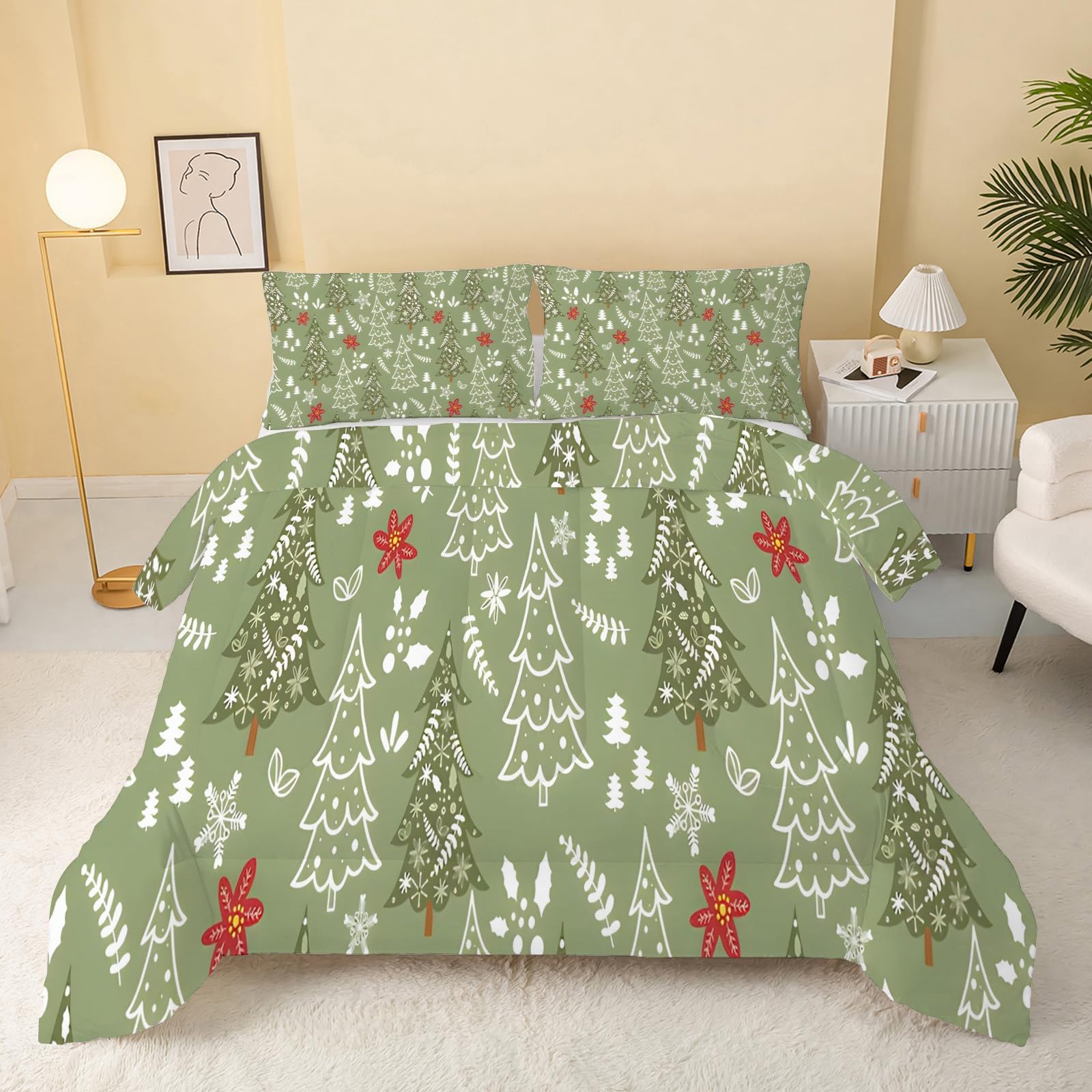 Couette 220x240 Noël vert sapin réversible avec ses 2 taies d'oreiller douces
