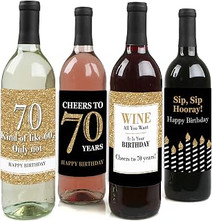 Adult 70th Birthday - Gold - Birthday Party Gift for Women and Men - Wine Bottle Label Stickers - Set of 4