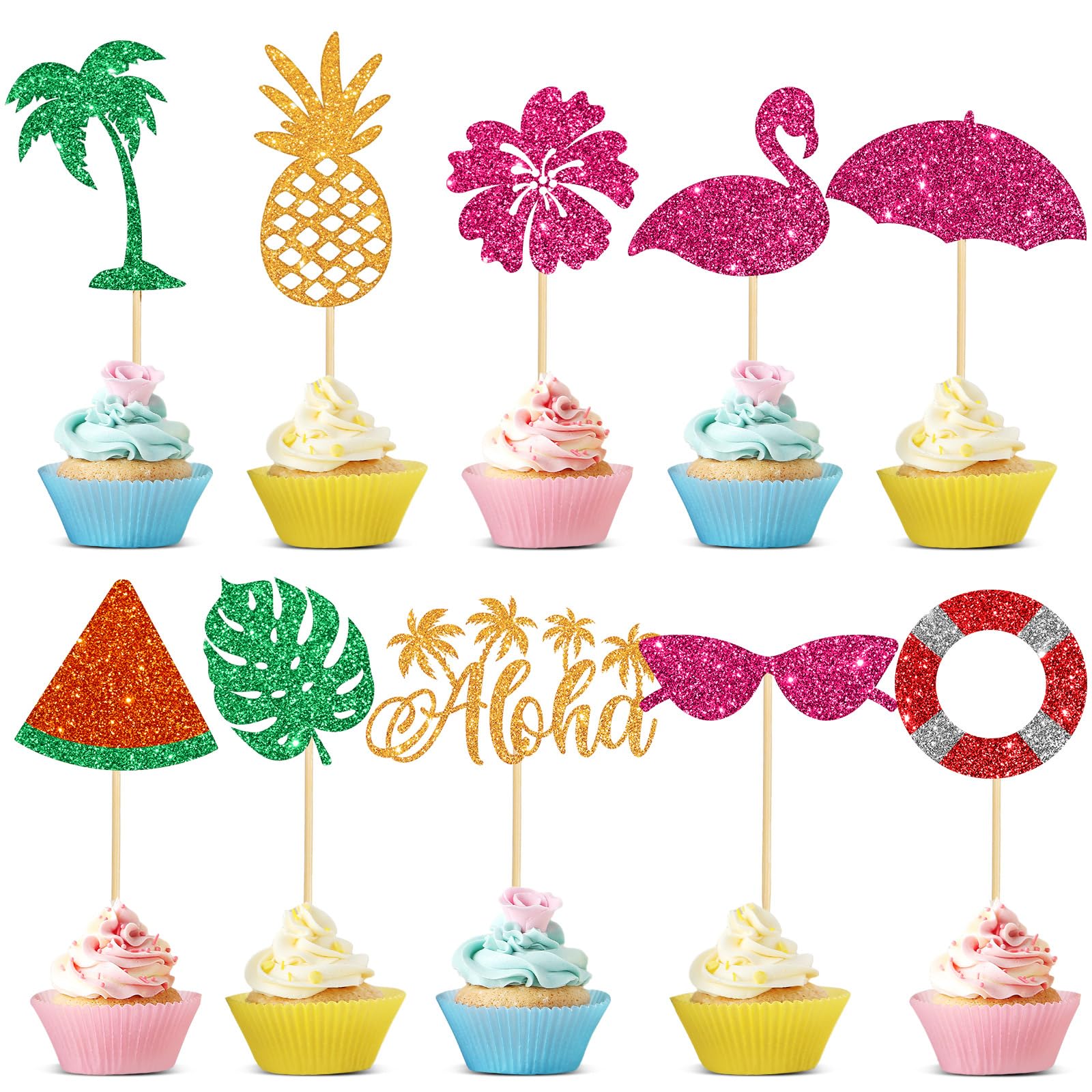 Epakh 100 Pcs Summer Beach Cupcake Toppers Pool Party Hawaiian Theme Cake Picks with Beach Ball Sun Umbrella Goggles Cake Decorations for Birthday
