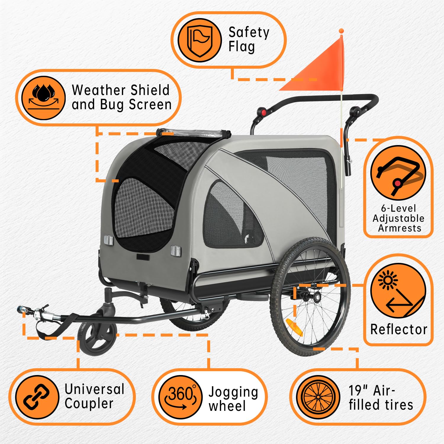 SEPNINE 2-en-1 XXL Remorque de Vélo pour Chien avec Ouverture de Toit, Réflecteurs et Bandes Réfléchissantes, avec attelage de vélo Universel, Cordes de Sécurité, Pliable, jusqu'à 50kg