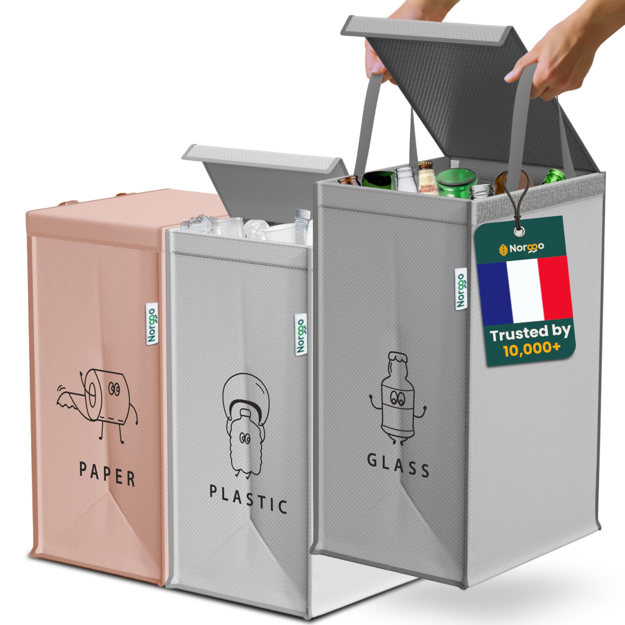 Poubelle tri selectif 3 bacs 40L - Sac tri selectif pour le plastique, le papier et le verre - Flexible poubelle de tri avec poignée - Bac de tri pour déchets et recyclage
