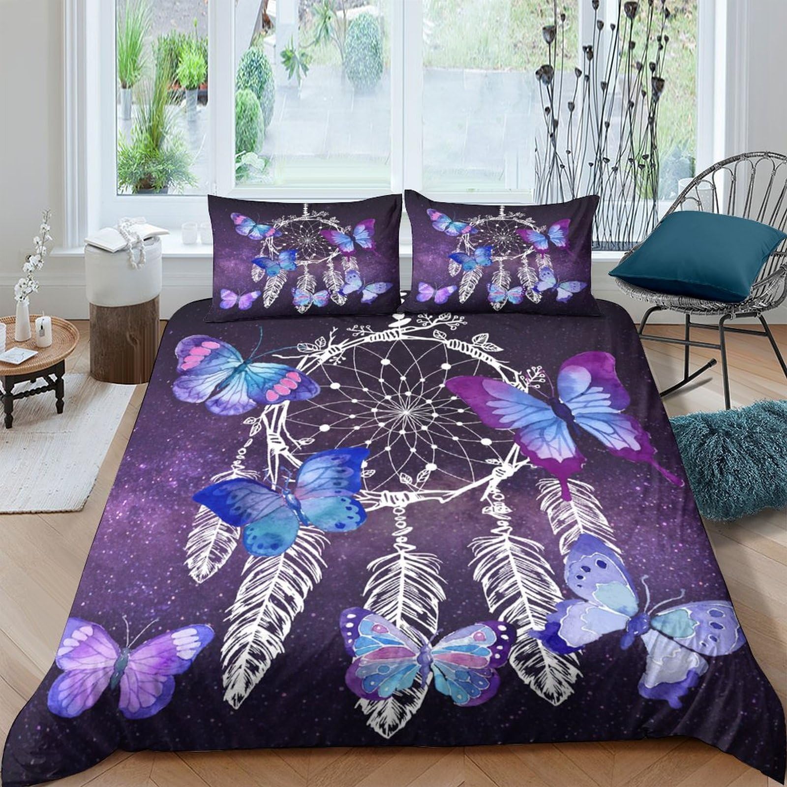 Ctjqhvkz Style-6 3D Printed Dreamcatcher Fitted Sheet Microfiber Purple Butterfly Mattress Cover Non Slip Machine Washable Bedroom Decor Single（135X200cm）