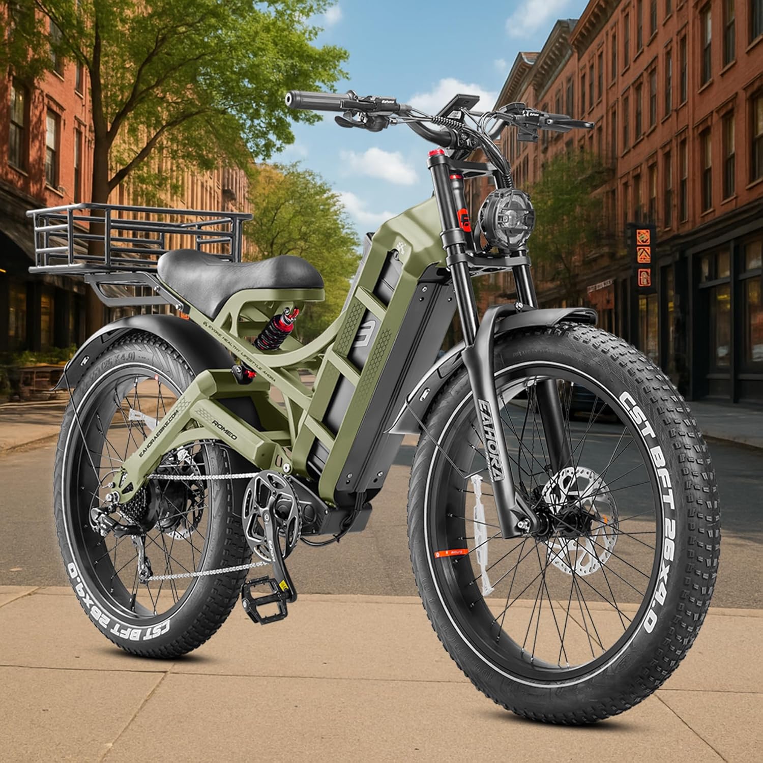 eAhora 2025 Romeo Pro Electric Bike for Adults 1600W Motor Electric Bicycle 29-34MPH 48V 60Ah 100-200Miles Long Range 26 * 4.0 Fat Tire Full Suspension Electric Mountain Bike with Rack+Basket Green