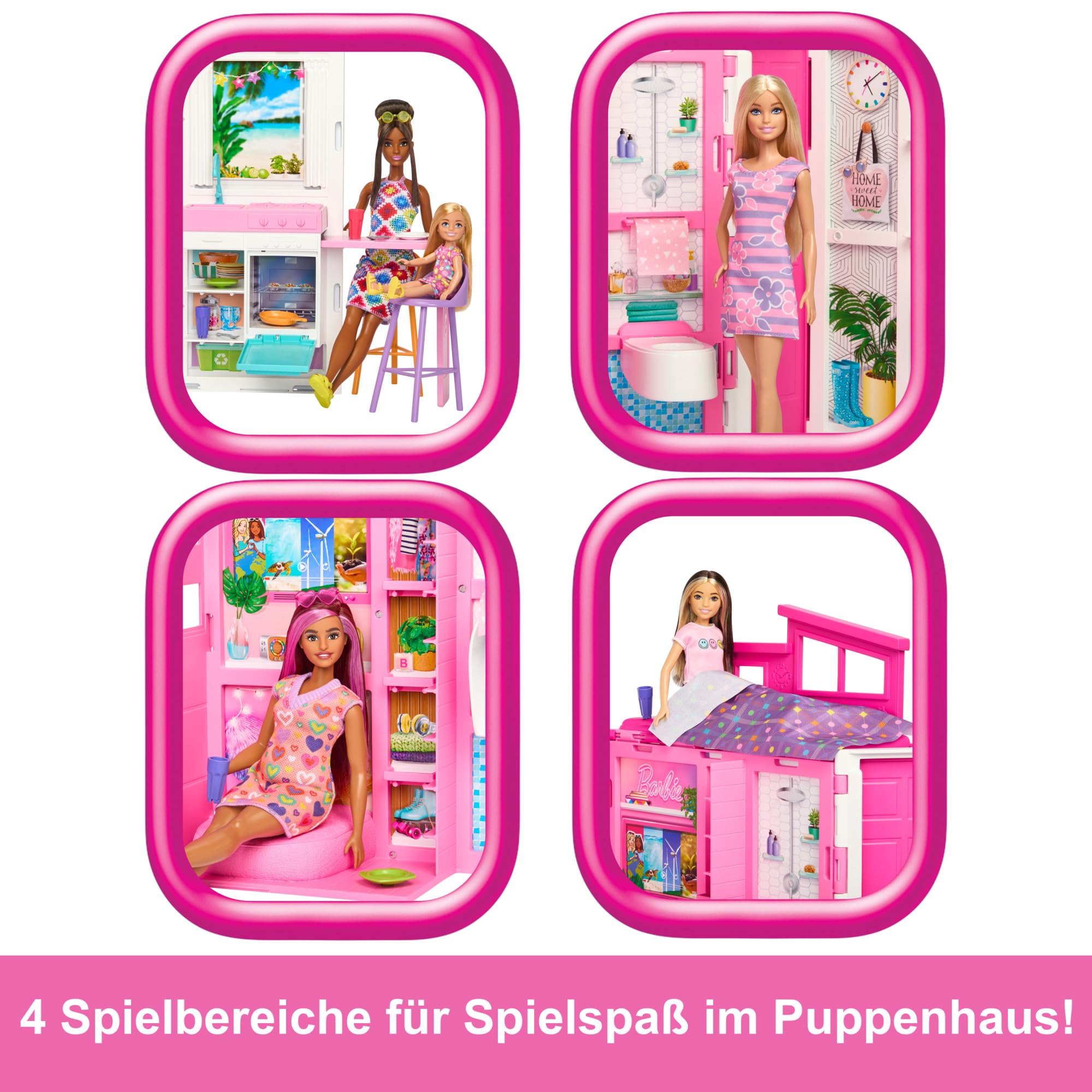 Barbie-Puppenhaus Spielset, Ferienhaus mit 4 Spielbereichen, darunter Küche, Badezimmer, Schlafzimmer und Lounge, 11 Deko-Zubehörteile, HRJ76