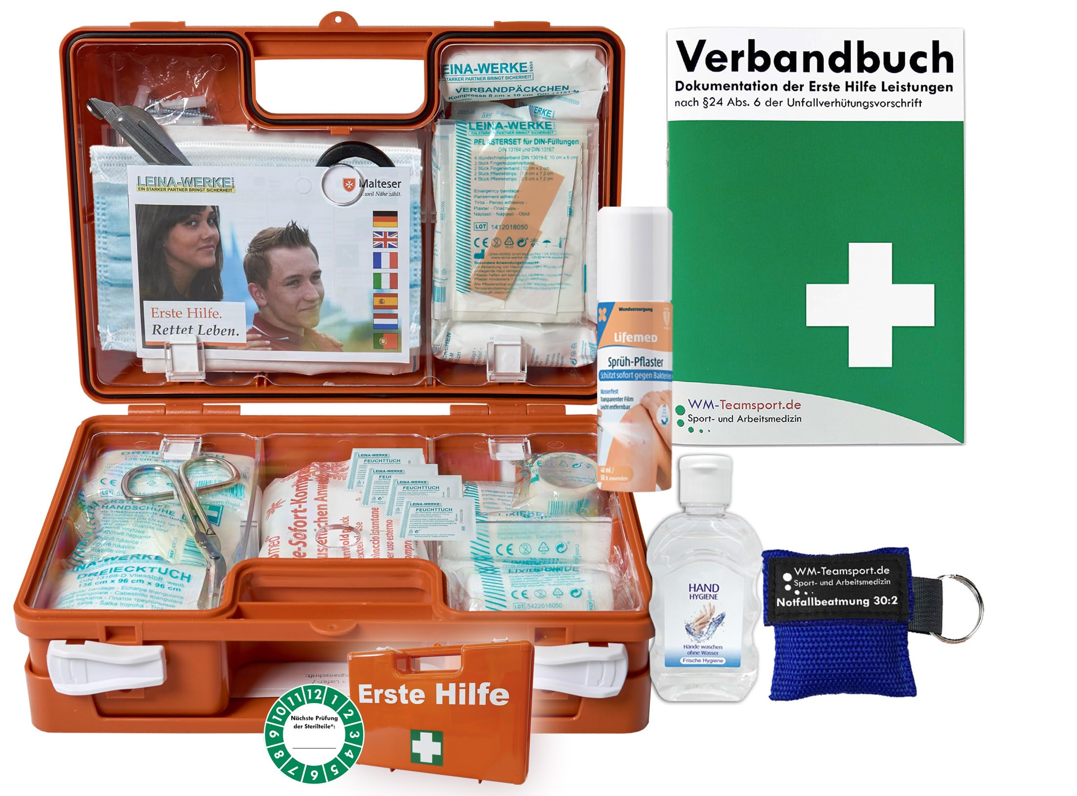 Verbandskoffer/Verbandskasten (K) Typ CSN - Erste Hilfe nach aktueller DIN 13157 für Betriebe -DSGVO- INKL. PERFORIERTEM VERBANDBUCH + Hygiene-Gel, Sprühpflaster & Notfallbeatmung