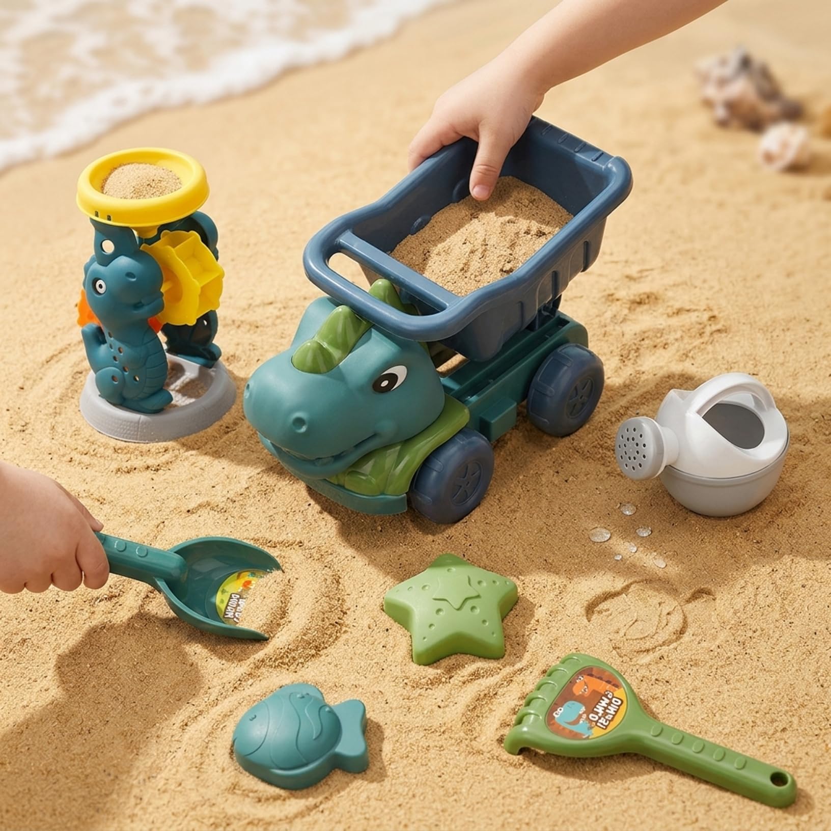 Sandstrandspielzeug, Dinosaurier-Sandspielzeug, Dinosaurier-Strandspielzeug-Set, 7-teilig mit LKW, Sanduhr, Schaufeln und Formen für Kinder zum Spielen im Freien