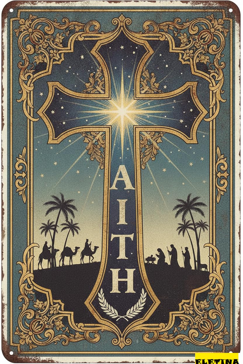 Faith Easter Bible Verse Nativity Scene Cross Vintage Metal Wall Decor Jesus Birth Religious Kid Room 8x12in
