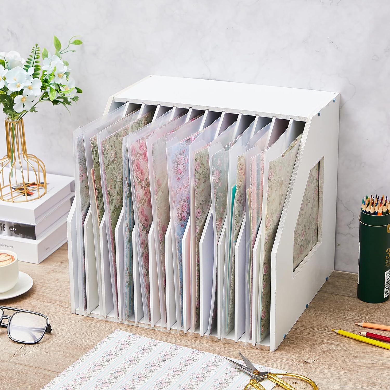 Wonderjune 12 x 12 Paper Storage Organizer, 12 Slot Wood Scrapbook Storage Shelf, Slope Design Cardstock File Organizer, Desktop Rack Document Holder for Home Office