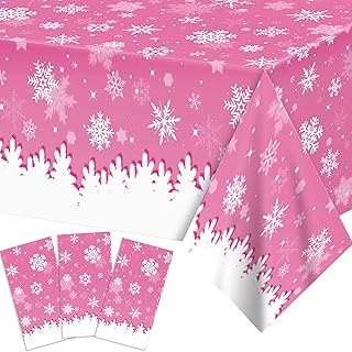 3 Pcs Pink Snowflake Tablecloth Christmas Snowflake tablecloth Blue Snowflake Plastic Tablecloth Snowflake Frozen Table Cover Pink and White Winter Wonderland Table Clothes Winter Decorations,54x87In