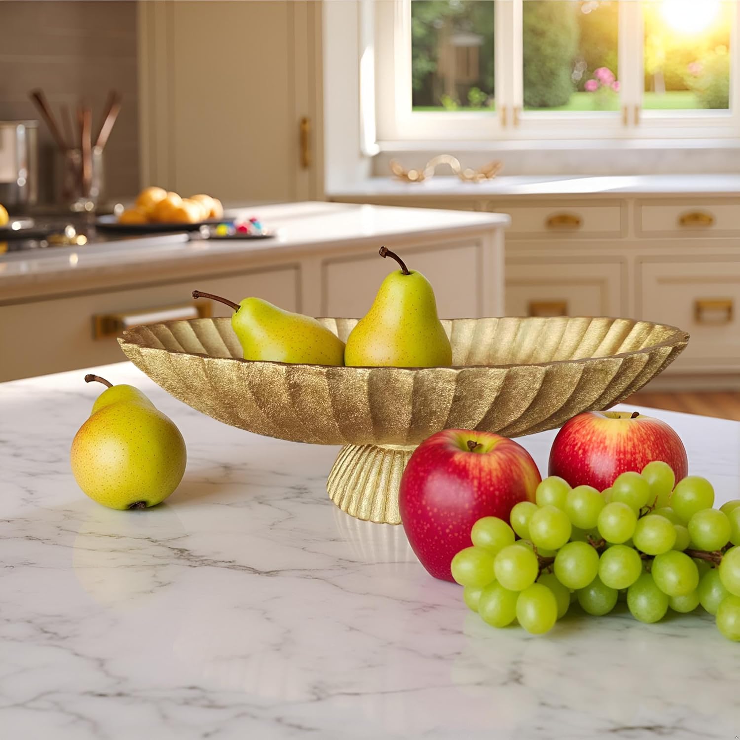 14.5" Large Decorative Long Bowl decor - Fluted Scalloped Decorative Bowls for Home Decor - Ruffle Decor,Stylish Key Bowl for Entry Table,Decorative Fruit Bowls for Kitchen Counter,Golden