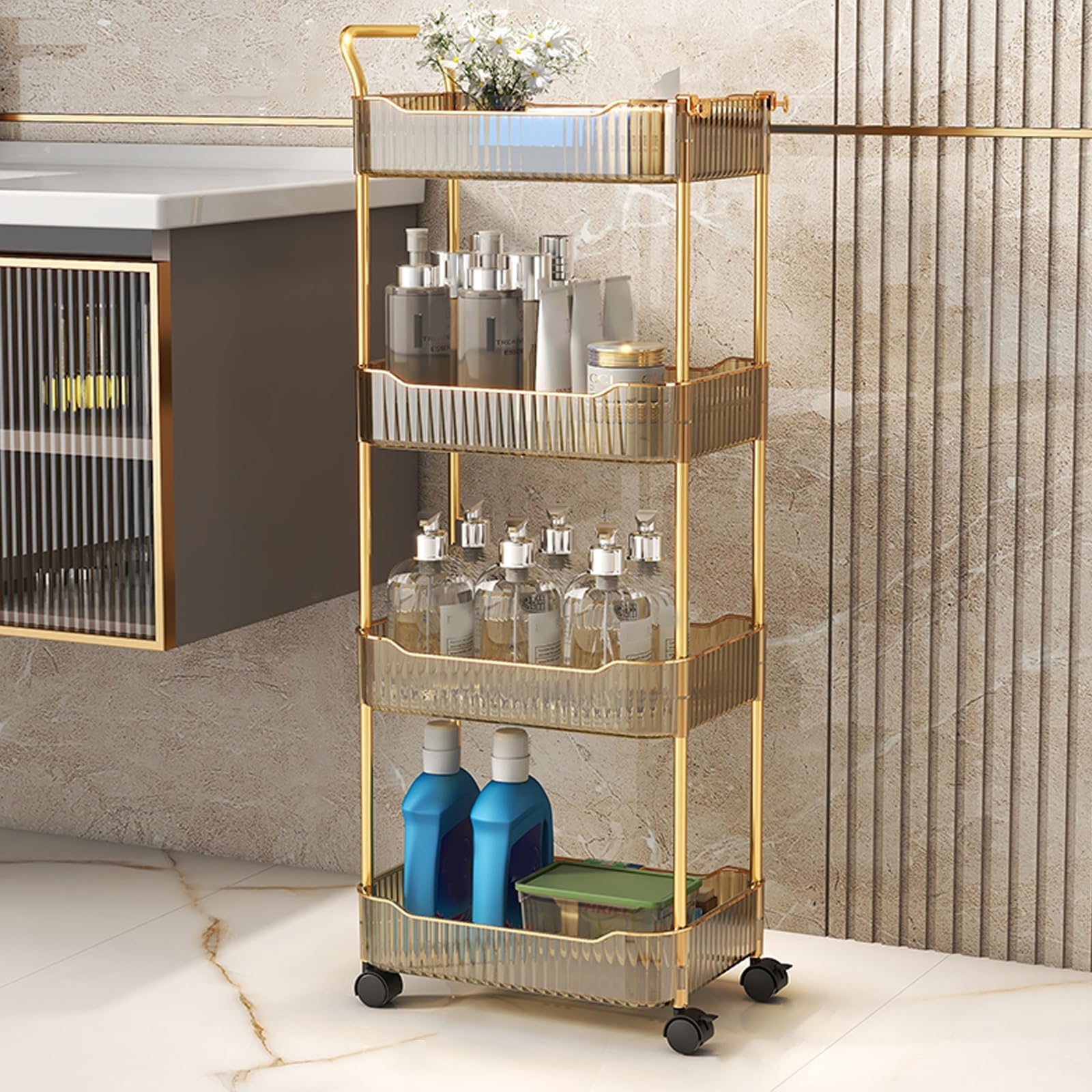 Acrylic Storage Trolley, Bathroom Kitchen Rolling Utility Cart Mobile Organization Shelves with Handle and Lockable Wheel(Gold,4Tier)