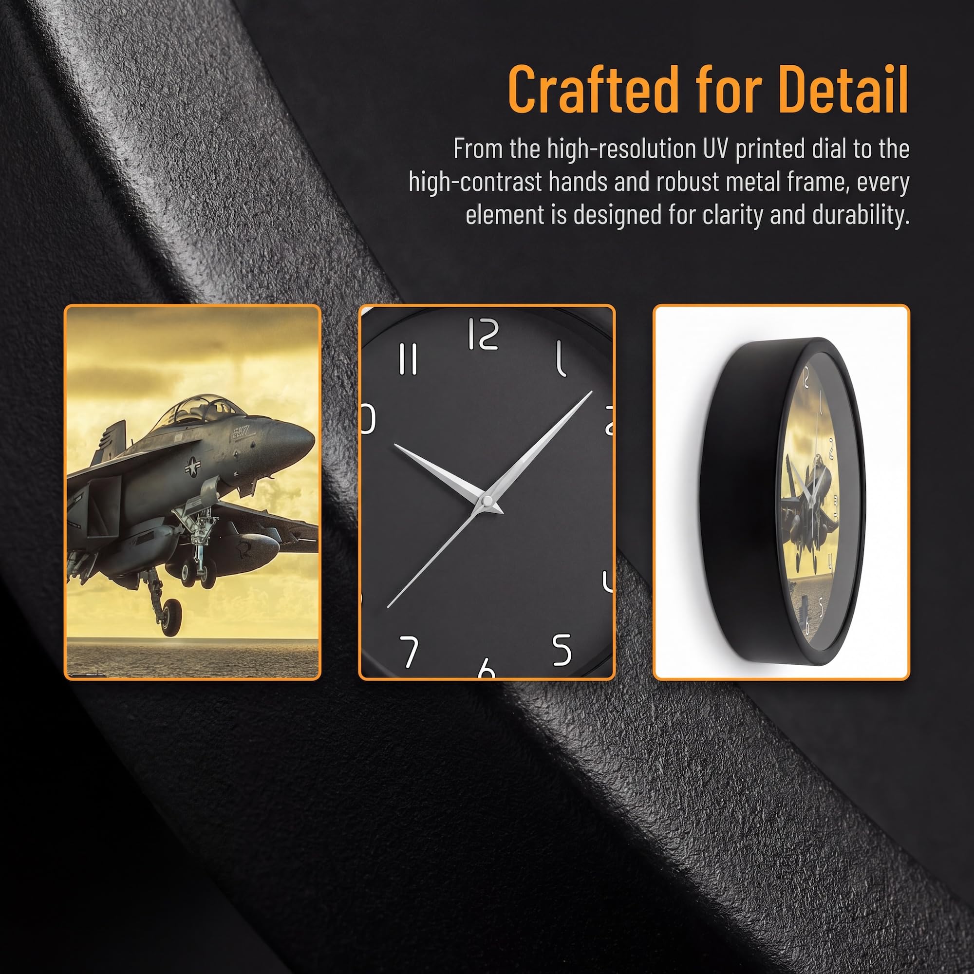 Reloj de pared con marco de metal impreso de avión de salida, silencioso sin tictac, funciona con pilas, avión, aeropuerto, marco de aluminio negro, regalo para piloto, aviador, dormitorio