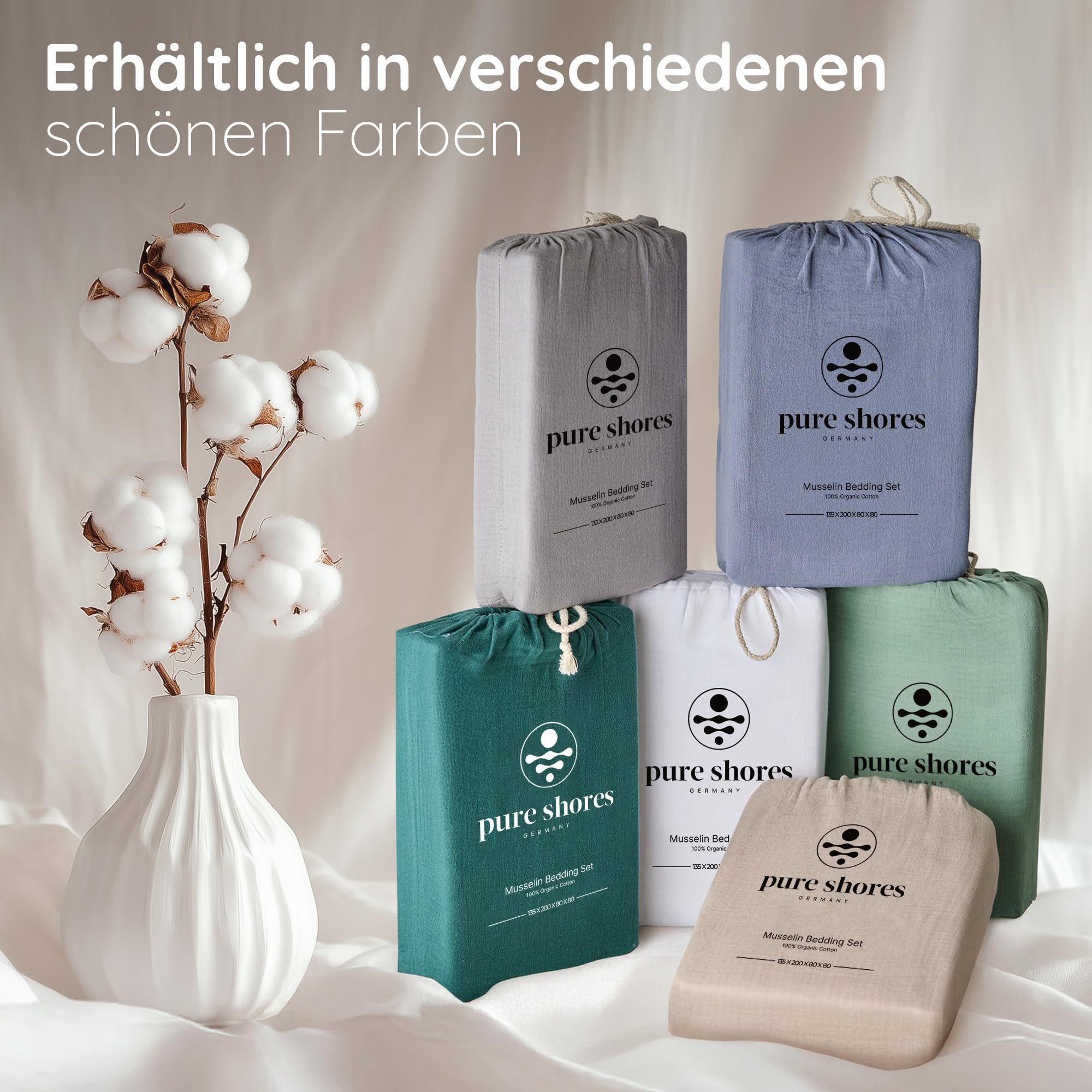 pure shores - Musselin Bettwäsche 135x200 | Bettwäsche 135x200 Baumwolle | Bettwäsche-Sets | 100% Baumwolle mit OEKOTEX | Reißverschluss | Bettwaren | Bedding Set | 1 Kissen | Hellgrau