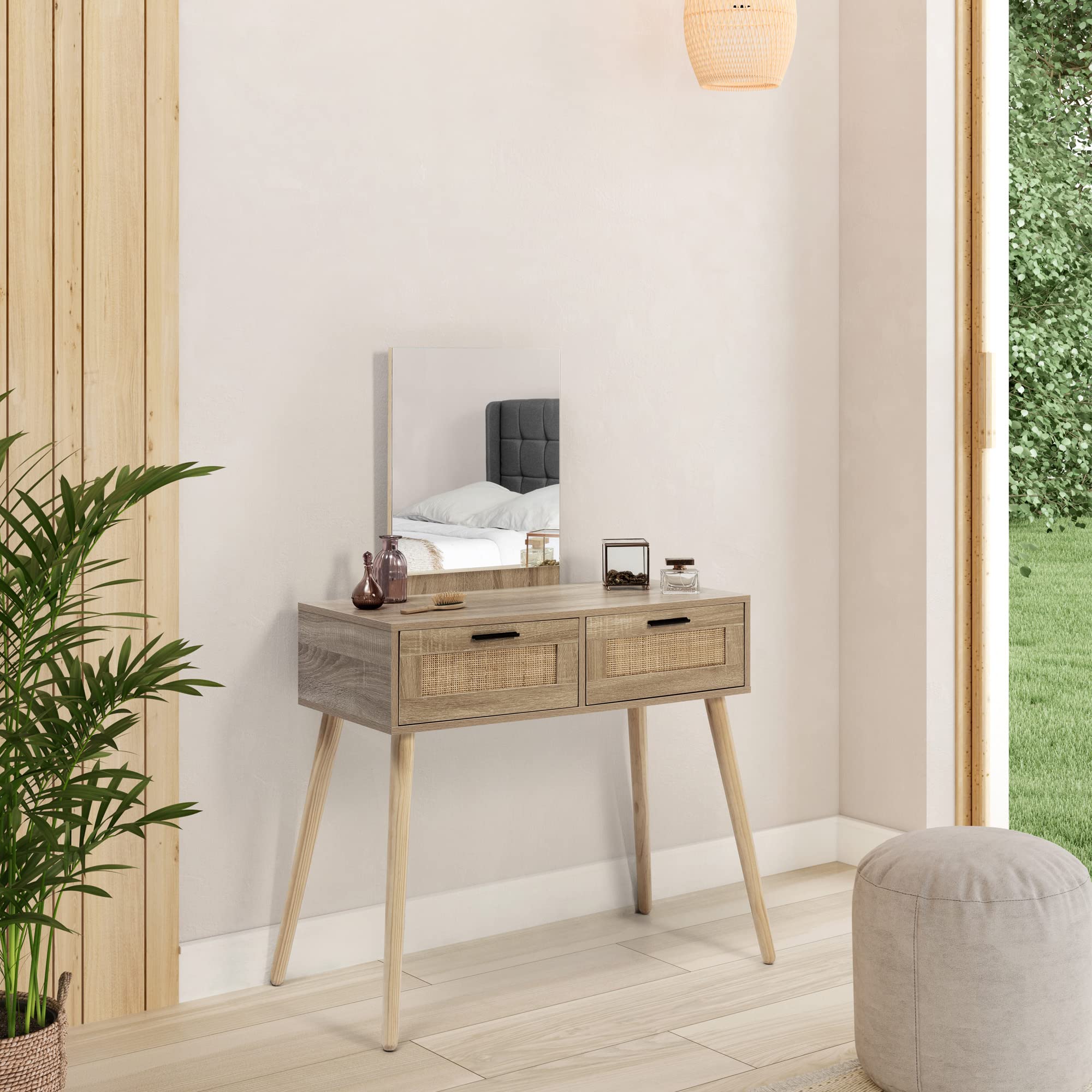HOMN LIVING Recibidor Dalia con 2 cajones y 1 Espejo Color Roble y Ratán, Mueble de Entrada, 90 cm (Ancho) 41 cm (Profundo) 135 cm (Altura)