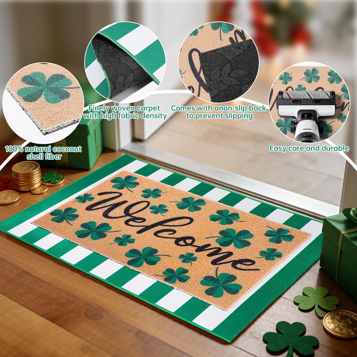 2Pcs St. Patrick's Day Doormat Coir St. Patrick's Day Welcomel Door Mats Outdoor with Non Slip Floor Doormat Green and White Irish Shamrock Rug for Irish Festival Front Entryway Decor