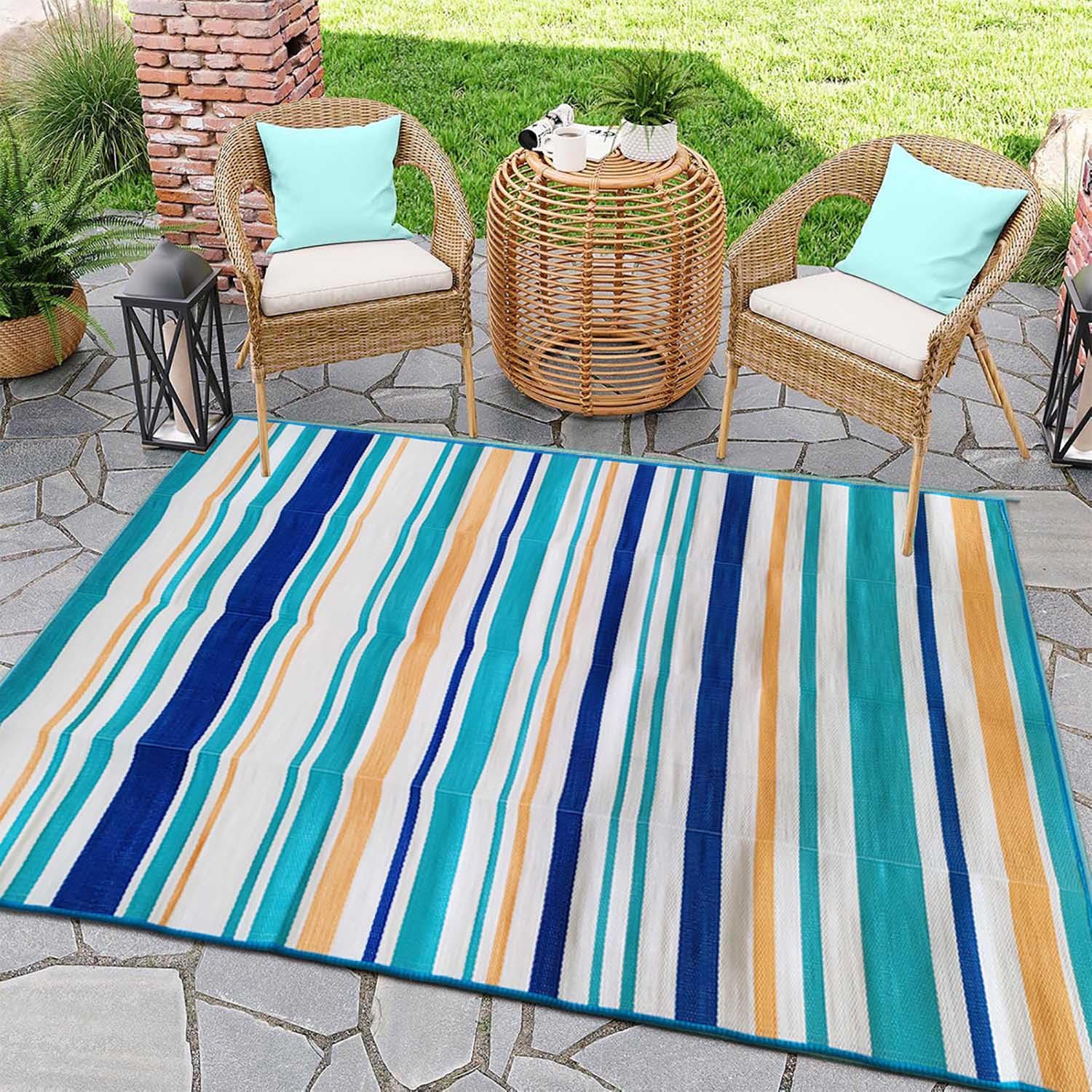 Tapis Extérieur Terrasse Rayés Moderne,120x180 Tapis de Sol Extérieur en Plastique Réversible,Tapis Extérieur Résistant à la Pluie Pliable pour Balcon Camping Pique-Nique (Bleu/Blanc/Orange)