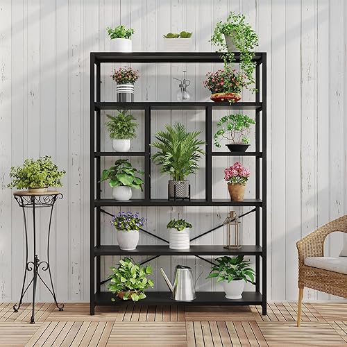 Miniatura 8 de LVB Estantería negra de 6 niveles de alto, moderno y grande para libros, estantería industrial de metal de madera con 6 estantes, organizador