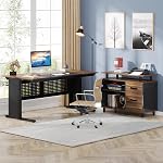 LITTLE TREE Large Computer Desk with File Cabinet, 63 Inch L Shaped Executive Office Desk with Drawers and Storage Shelves, Business Furniture Workstation for Home Office