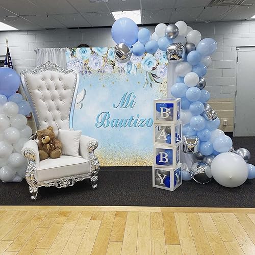 Miniatura 4 de Mi Bautizo - Telón de fondo para bautizo, flores azules que Dios bendiga, fondo de fotografía, 7 x 5 pies, bautizo, decoración de fiesta de baby