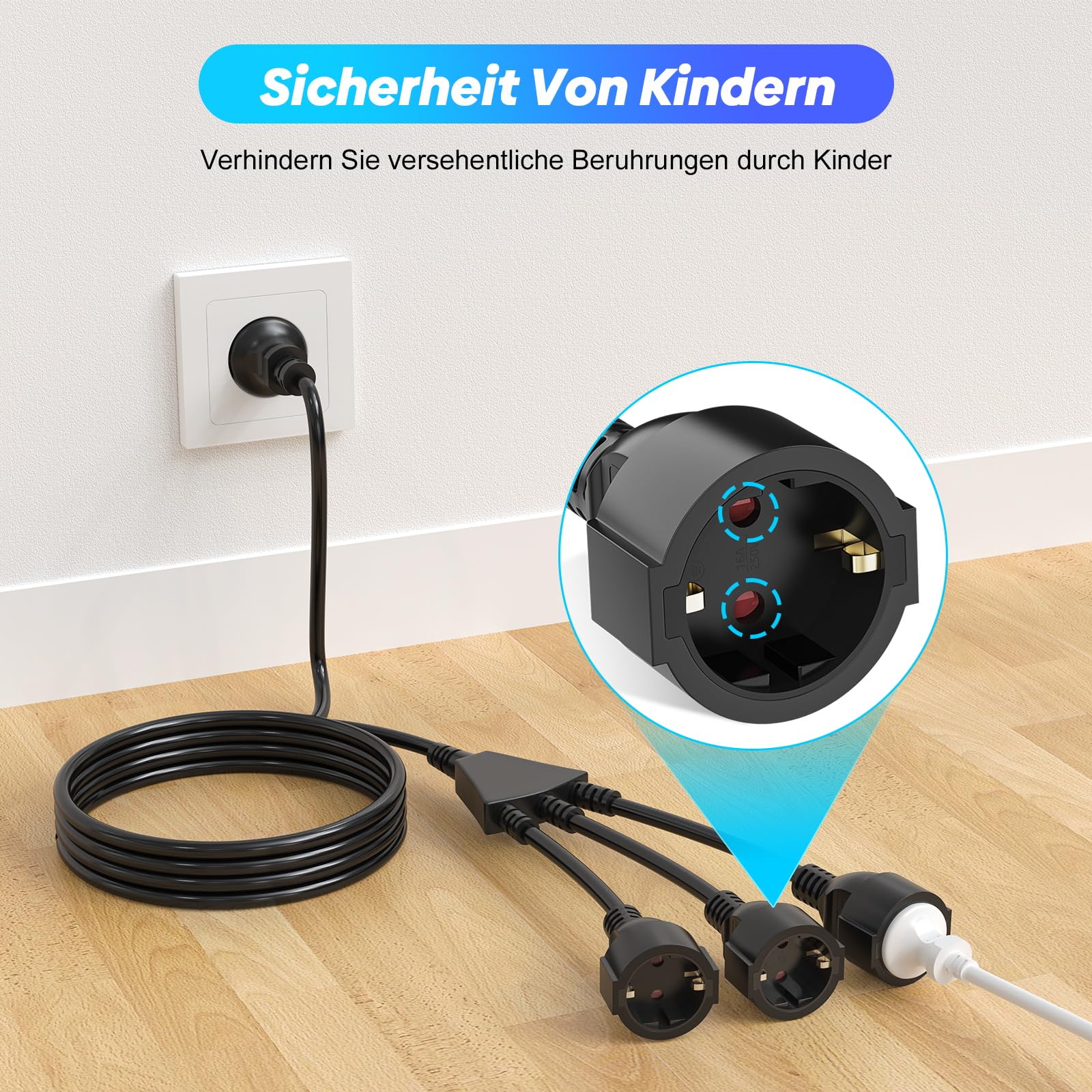 HITRENDS Rallonge d'extérieur avec contact de protection - Avec prise multiple - Câble en plastique CA Schuko avec 3 prises - Pour la maison, le bureau, l'extérieur - 3 x 1,5 mm² - Jusqu'à 250 V/13 A