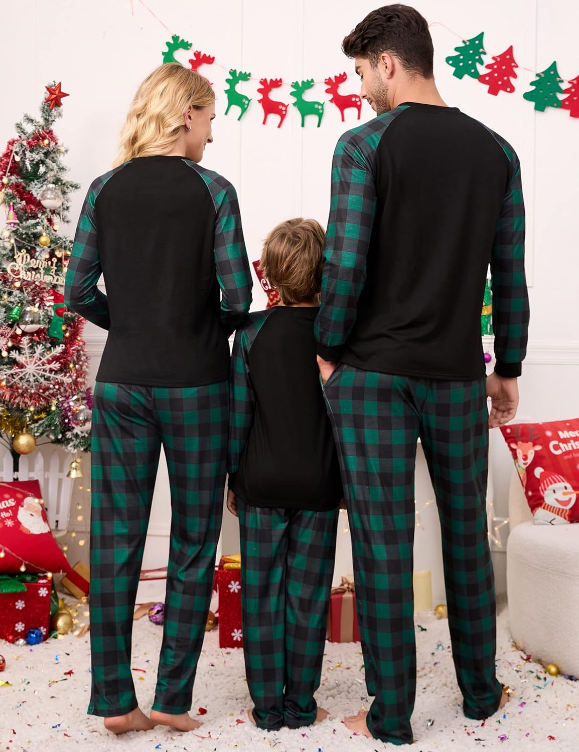 MISSKY Family Matching Christmas Holiday Pajamas Sets Plaid Pajama Pants Long Sleeve Print Top Pjs Sets Sleepwear Bottoms for Women Couple - Image 3