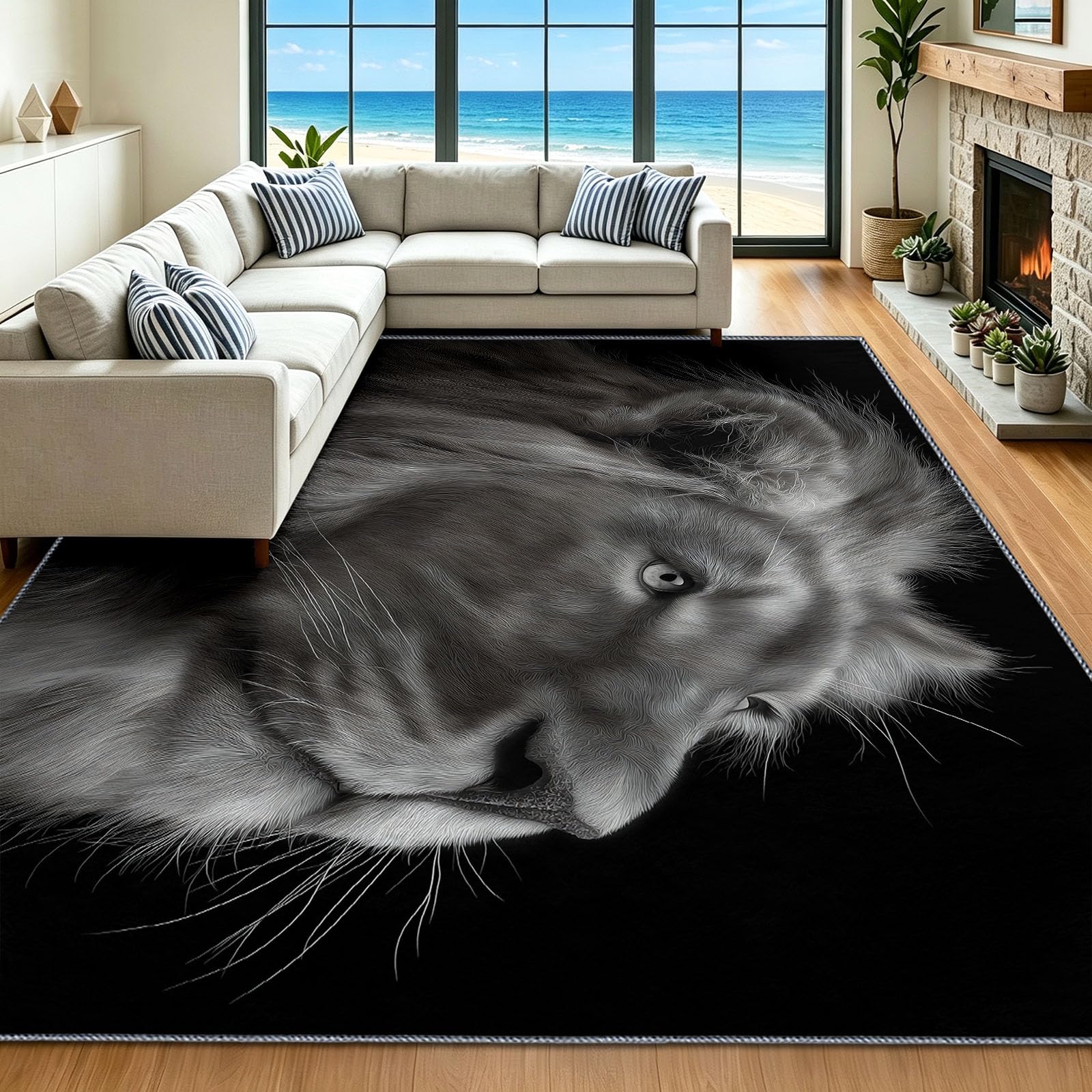 Minimalistyczny dywan do salonu, 140 x 200 cm, lew, czarno-biały, antypoślizgowy, niski runo, można prać, super miękki, przyjazny dla skóry dywan do przedpokoju, łazienki i jadalni