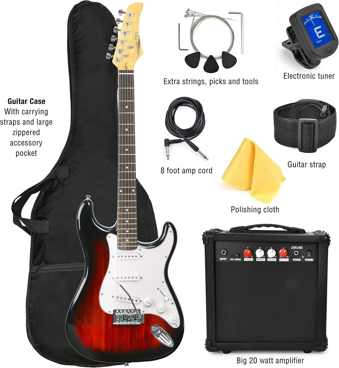 Master Play 39 Inch Electric Guitar,For Kids/beginner With Complete Starter Kit, 20 Watt Amp, 6 Extra String, Picks, Gig Bag, Shoulder Strap, Digital tuner, Cable, Wash Cloth