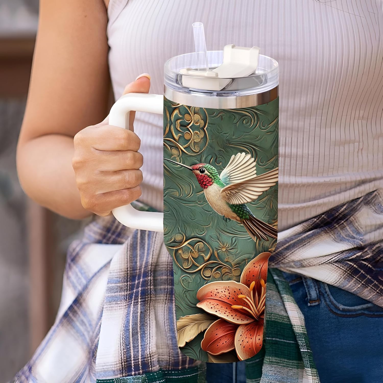 Hyturtle Personalized Hummingbird 2D Print Tumbler - Hummingbird Gifts For Women - Gifts For Bird Lovers Her - Bird Presents On Mothers day - Custom Name Travel Coffee Cup 40 Oz With Lid And Straw
