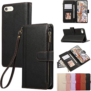 Funda para iPhone 8/7 / iPhone SE3 / SE2 (Modelo 2022/2020), Funda de Cuero Flip Folio a Prueba (4 Ranuras para Tarjetas Cartera con Cremallera Correa de Mano) - Negro